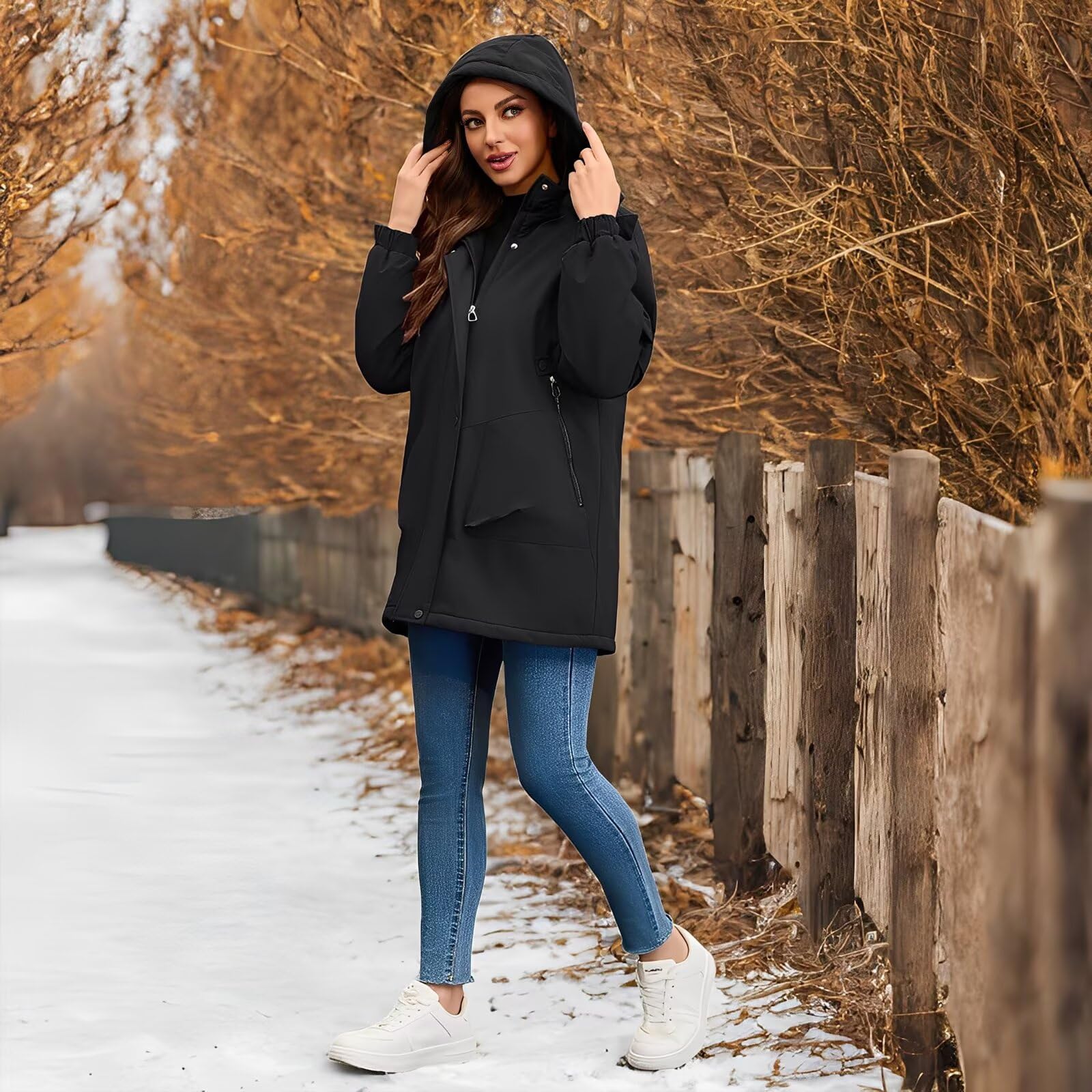 Chaquetas impermeables ligeras para mujer Abrigos largos de softshell con forro polar cálido para otoño-invierno