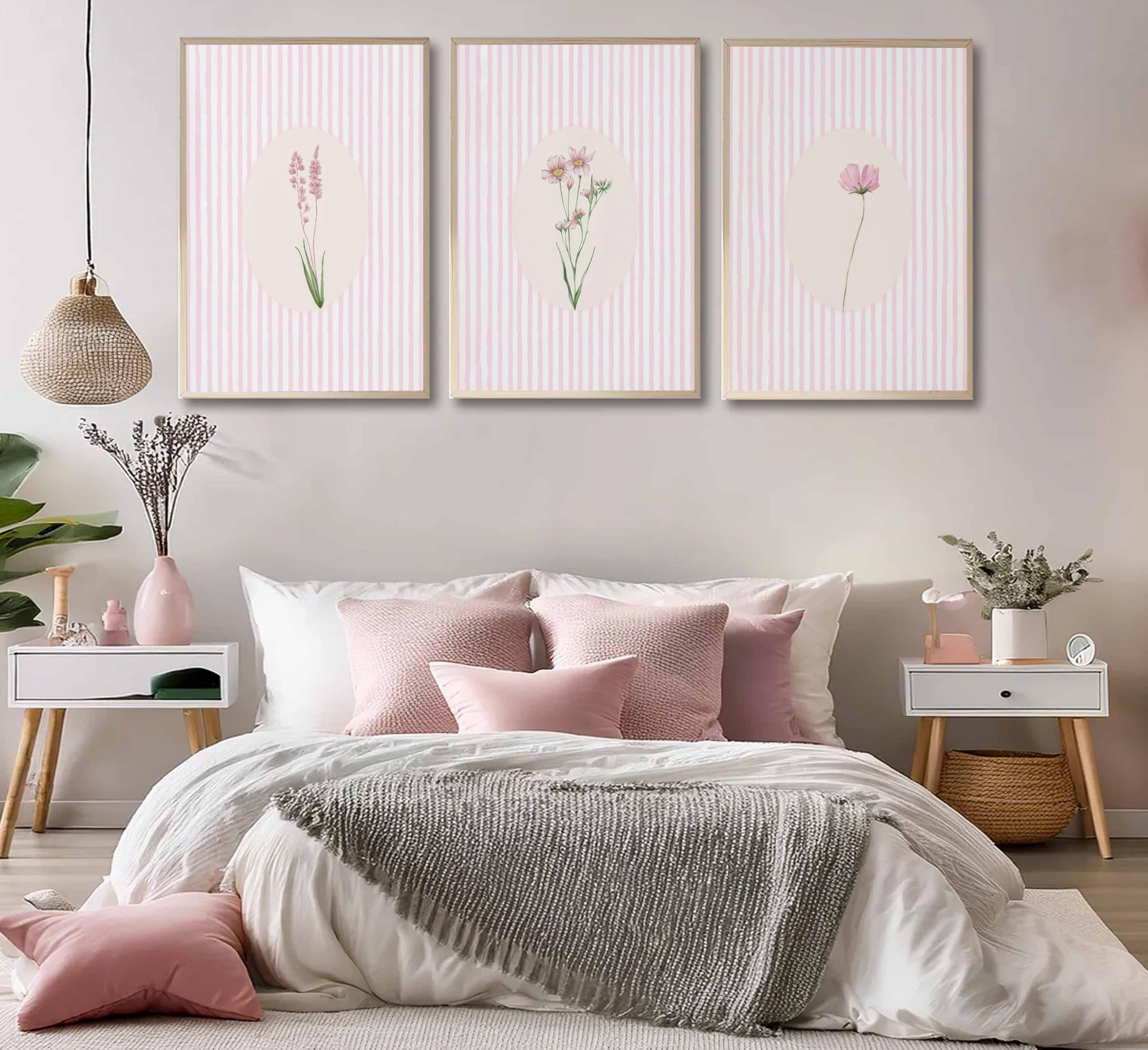 3 Pezzi di Quadri su Tela con Stampe Floreali a Righe Rosa, Dipinti Floreali minimalisti, Immagini botaniche, Decorazioni Preppy, Poster Bianchi, Stampe artistiche per Camera da Le