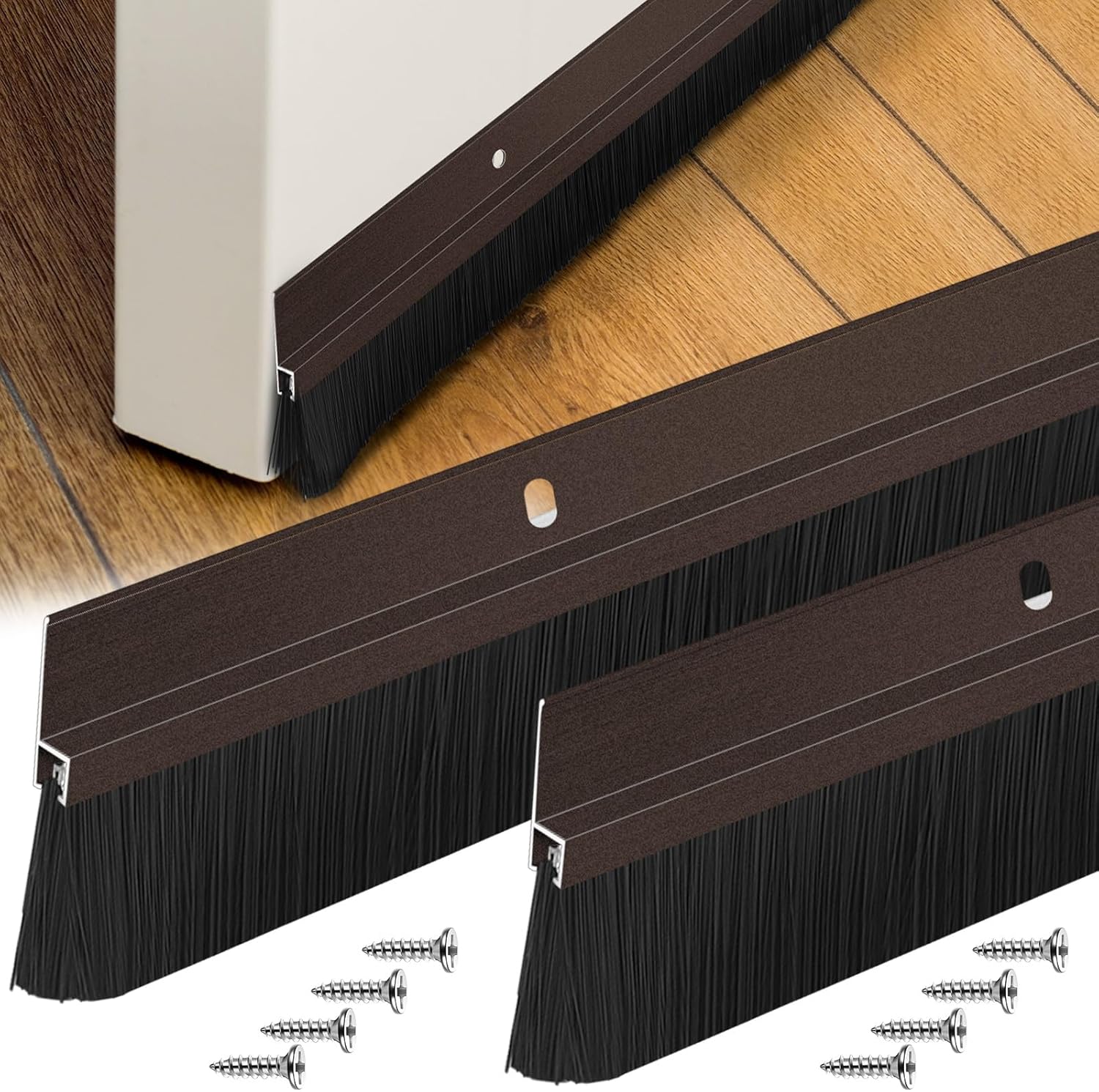 Gisafai 2 Pcs Aluminum Door Sweep with Soft PP Brush 8 Screws 36 Inches Long Bottom Sweep Door Brush for Exterior Home Garage Threshold Seal (Brown)