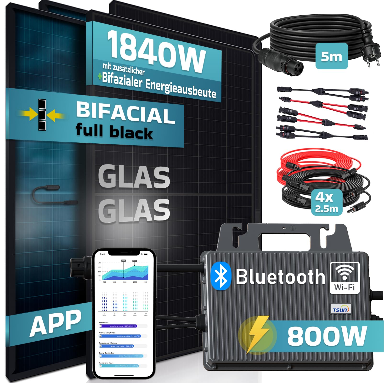 SUNNIVA® 1840W Balkonkraftwerk BIFAZIAL FULLBLACK komplett Steckdose TSUN 800W Wechselrichter, PV Solaranlage, 4x 460W Glas-Glas Solarmodule, inkl. 5m Kabel, Bluetooth WIFI, Komplettset