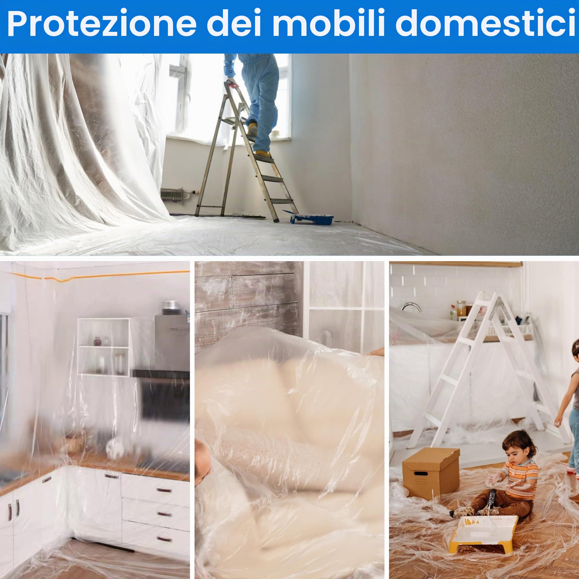 TAPEBEAR Pellicola Adesiva per Mascheratura 2600mm x 27m, 2 in 1 Teli Plastica Film per Mascheratura, Copritutto per Imbianchino con Adesivo, Protettivo Teli per Coprire Mobili, Ipingere, 3 Rotoli