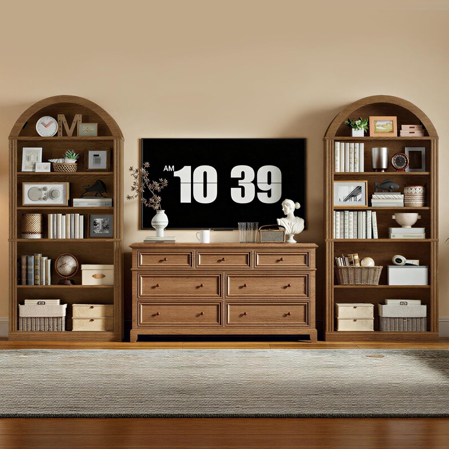 RALGEND Arched Bookshelf, 75.8" Tall Arch Bookcase with Storage, 6-Tier Farmhouse Book Shelf, Arched Cabinet, Wooden Bookshelf with Open Display Shelves, Adjustable Shelf, Office, Walnut