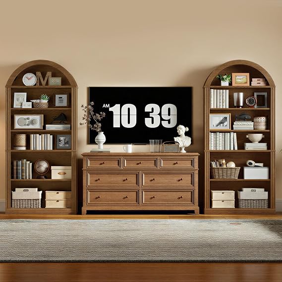RALGEND Arched Bookshelf Set of 2, 75.8 Tall Arch Bookcase with Storage, 6-Tier Farmhouse Book Shelf, Arched Cabinet, Wooden Bookshelf with Open Display Shelves, Adjustable Shelf, Office, Walnut