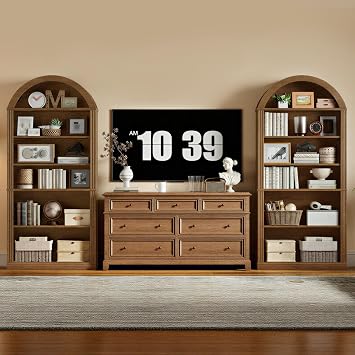 RALGEND Arched Bookshelf Set of 2, 75.8 Tall Arch Bookcase with Storage, 6-Tier Farmhouse Book Shelf, Arched Cabinet, Wooden Bookshelf with Open Display Shelves, Adjustable Shelf, Office, Walnut