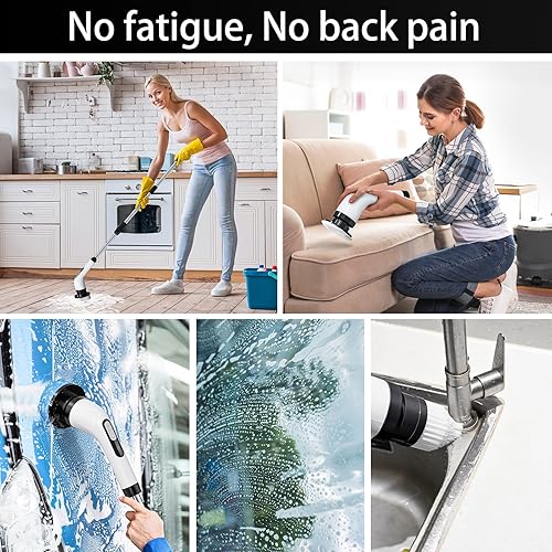 Miniatura 7 de Limpiador eléctrico inalámbrico giratorio  IPX7 impermeable, pantalla LCD, 8 cabezales de cepillo, mango de extensión ajustable, para ducha, bañera,