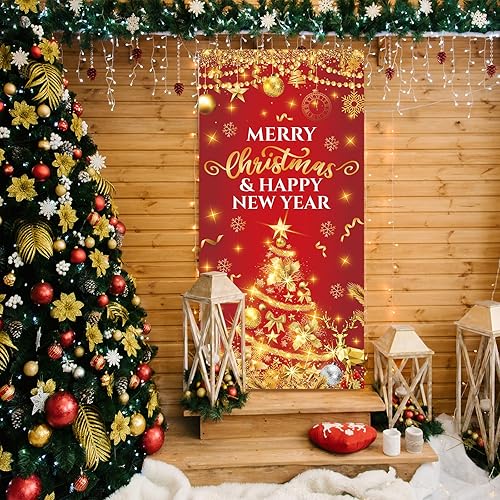 Miniatura 4 de Decoración roja de puerta de Feliz Navidad, decoración de puerta de Feliz Navidad y Feliz Año Nuevo, cubierta de puerta de árbol de Navidad, copo de