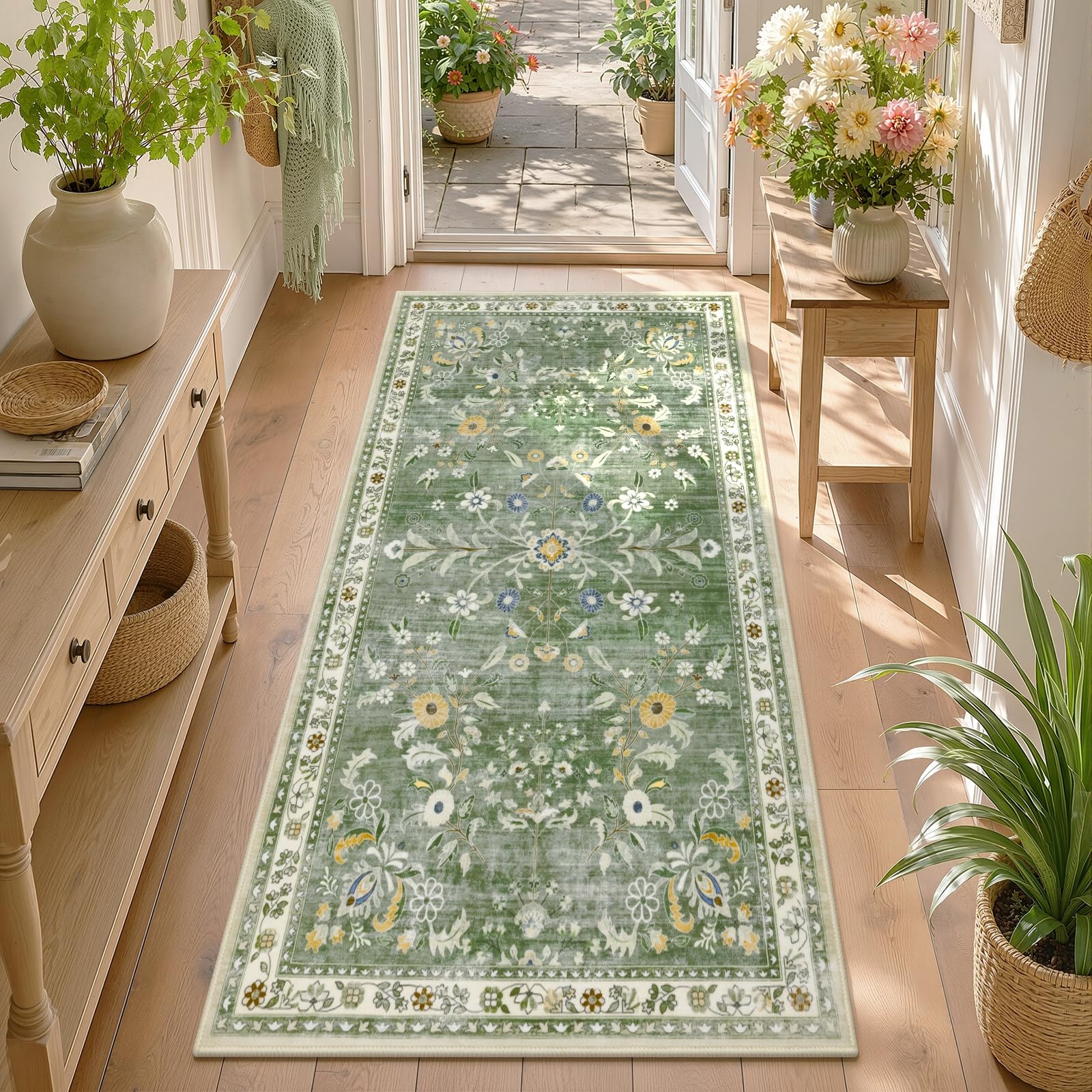 Homodeco Boho Carpet Runners for Hallways Non Slip, Green, 80 x 150cm