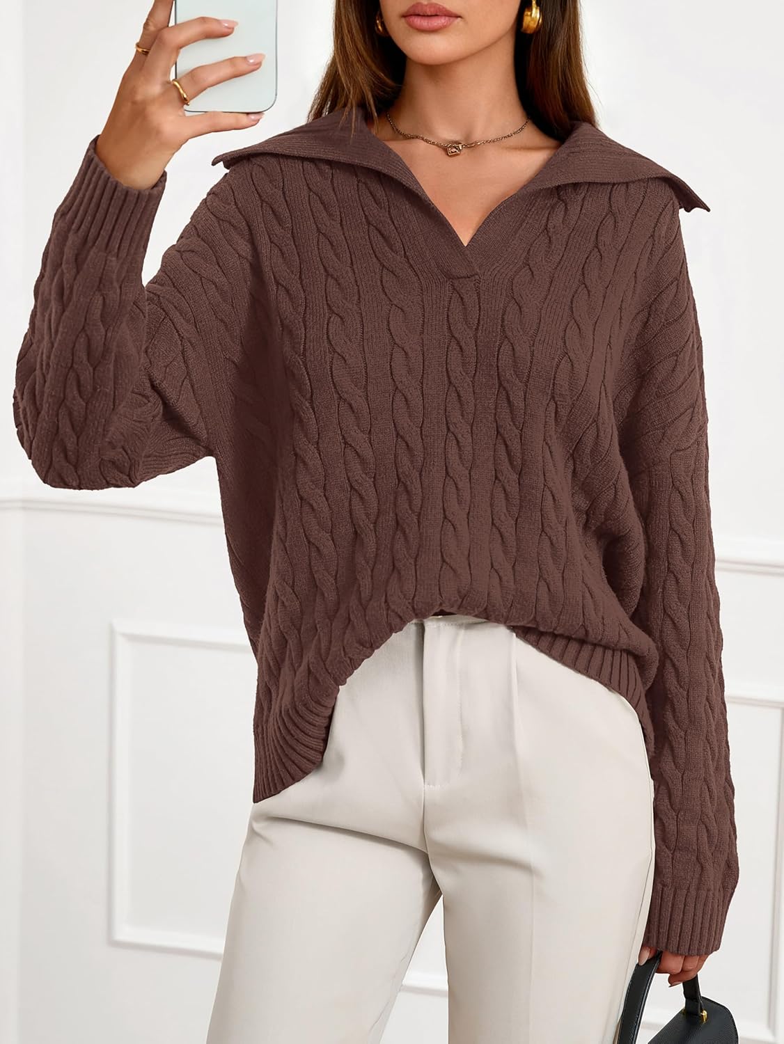 PRETTYGARDEN Spring Cable Knit Oversized Sweaters for Women 2026 Polo V Neck Long Sleeve Casual Chunky Sweater Pullover Tops - Image 4