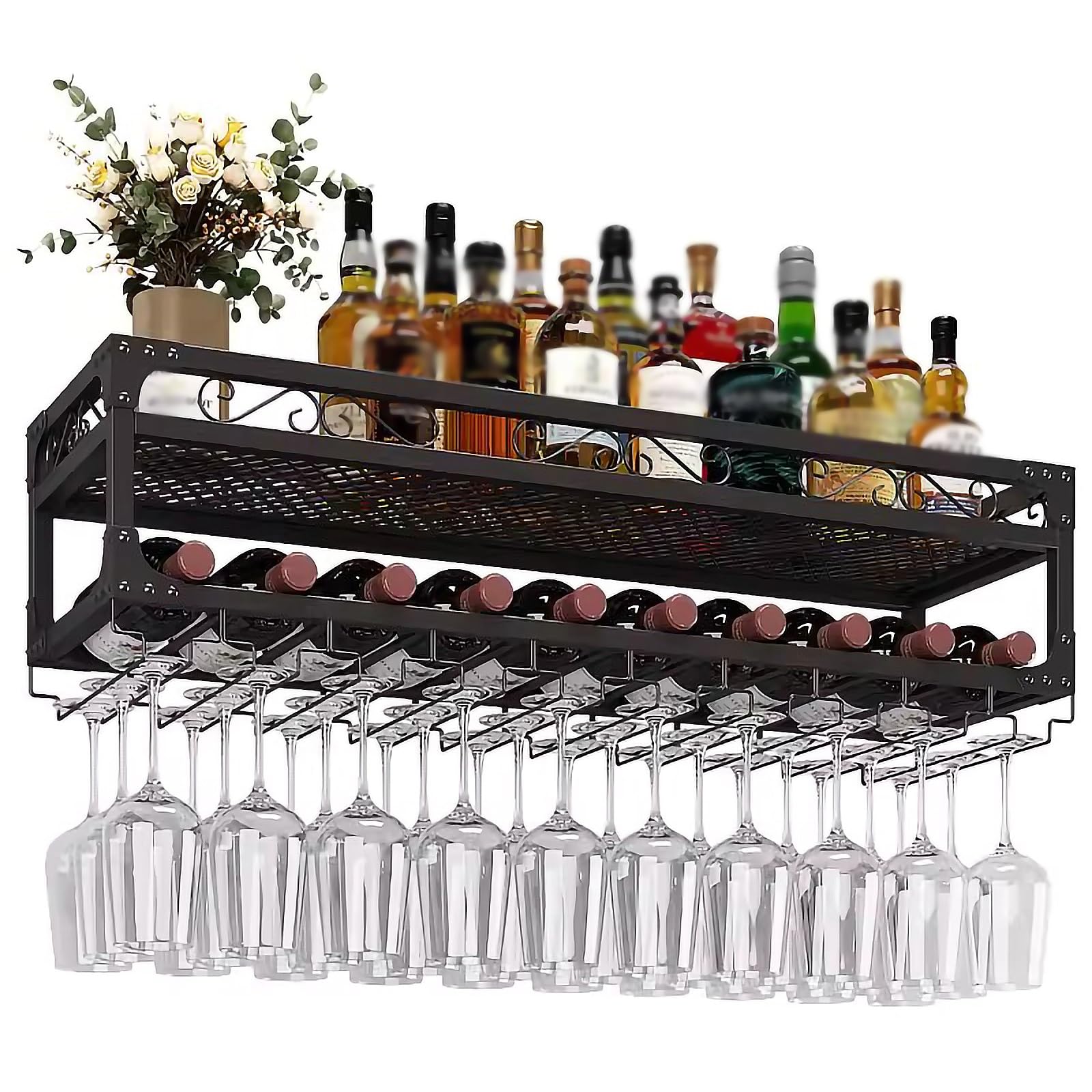 Casier à vin mural avec support verres et porte-bouteilles métal