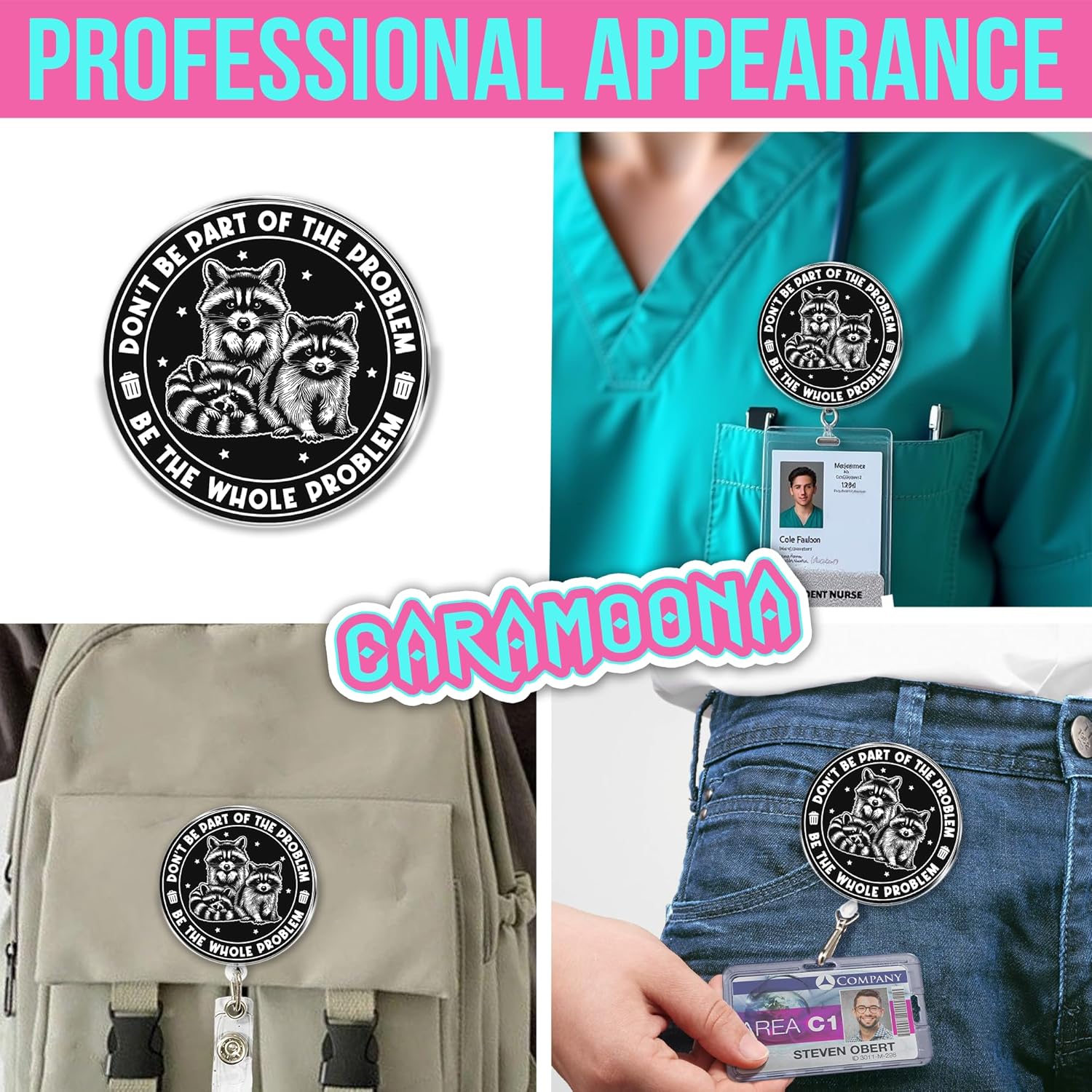 Don't Be Part of The Problem Badge Reel 1.6 Inches Funny Raccoon Cute Mental Health Humor, ID Card Holders, Retractable Alligator/Belt Clip, Acrylic Material, Badge Accessories DIY for Nurse Teacher - Image 3