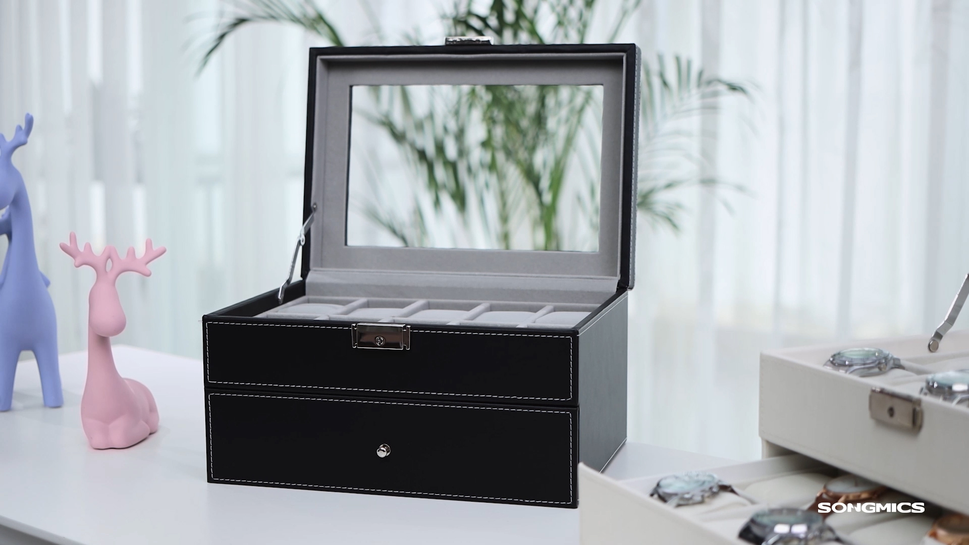 Scatola Portaoggetti RjcdOPL 2 Livelli - 6 Orologi E 9 Occhiali - Chiusura Trasparente E Serratura - 33.5x19x15.5 Cm - Nero