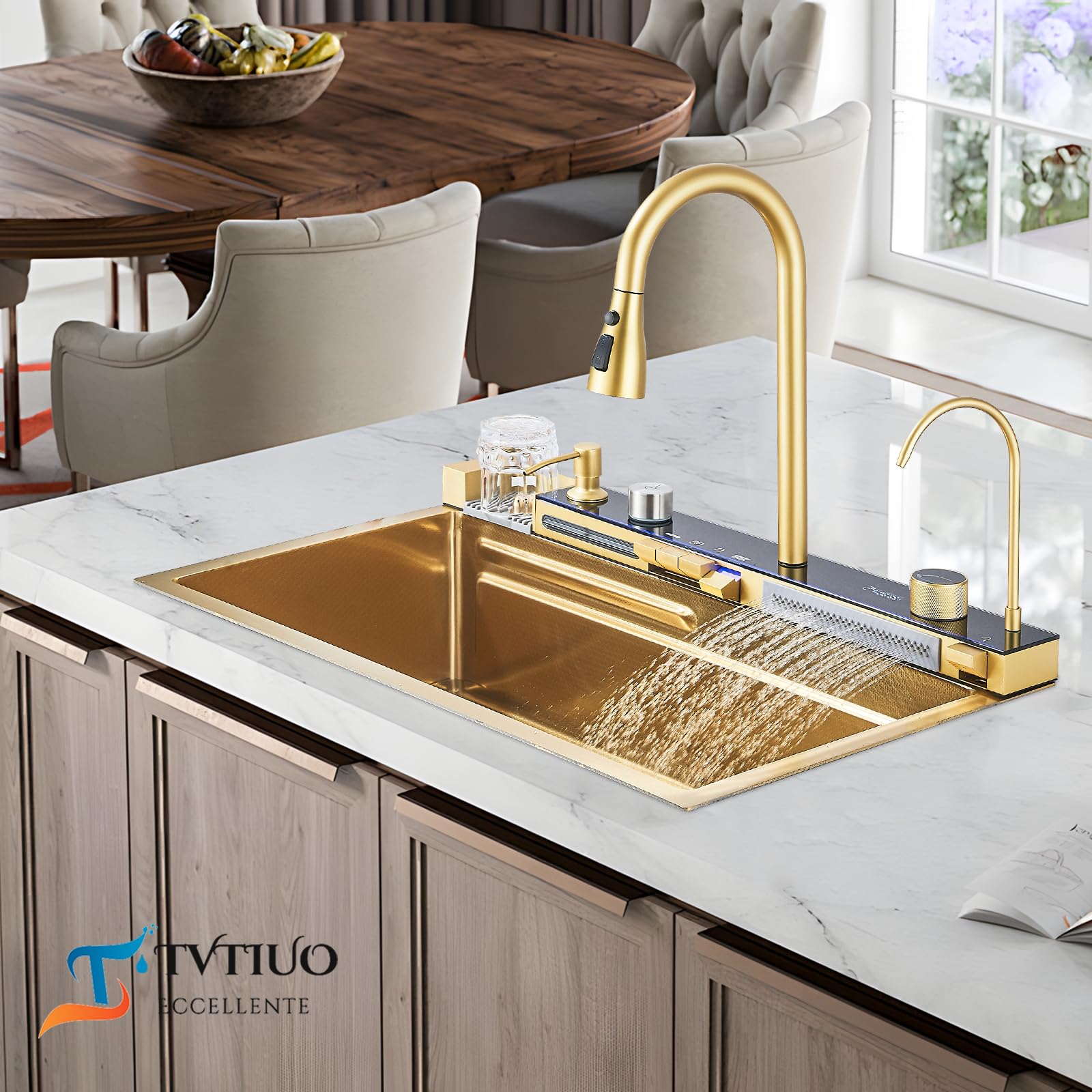Fregadero de Cocina Multifuncional de Oro Cepillado con Grifo Extraible y Accesorios, Fregadero de Cocina de Acero Inoxidable con Pantalla Digital (75 cm X 45 cm)