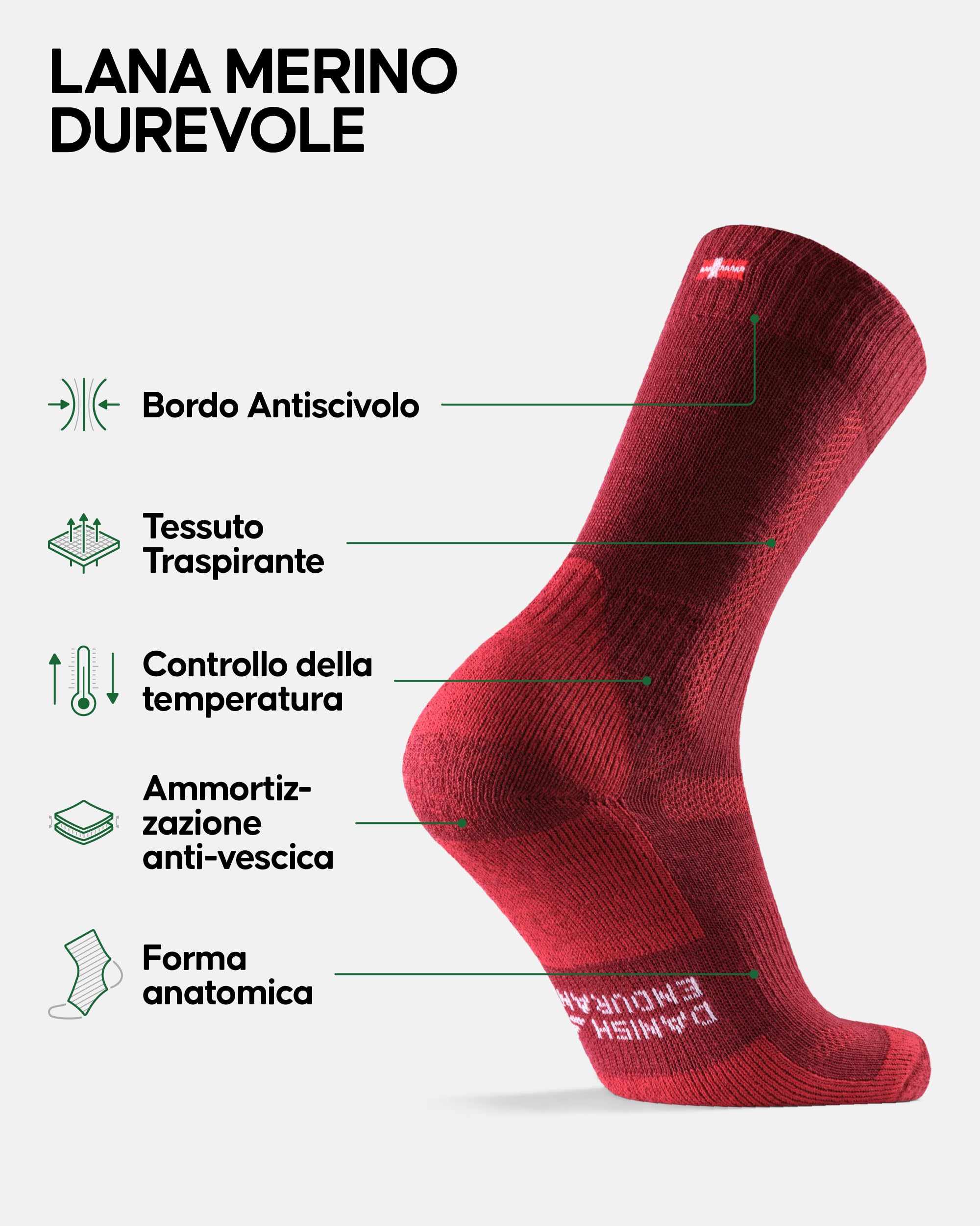 DANISH ENDURANCE Calze Trekking in Lana Merino, Anti-Vescica, Calzini Termici da Uomo, Donna, Bambino