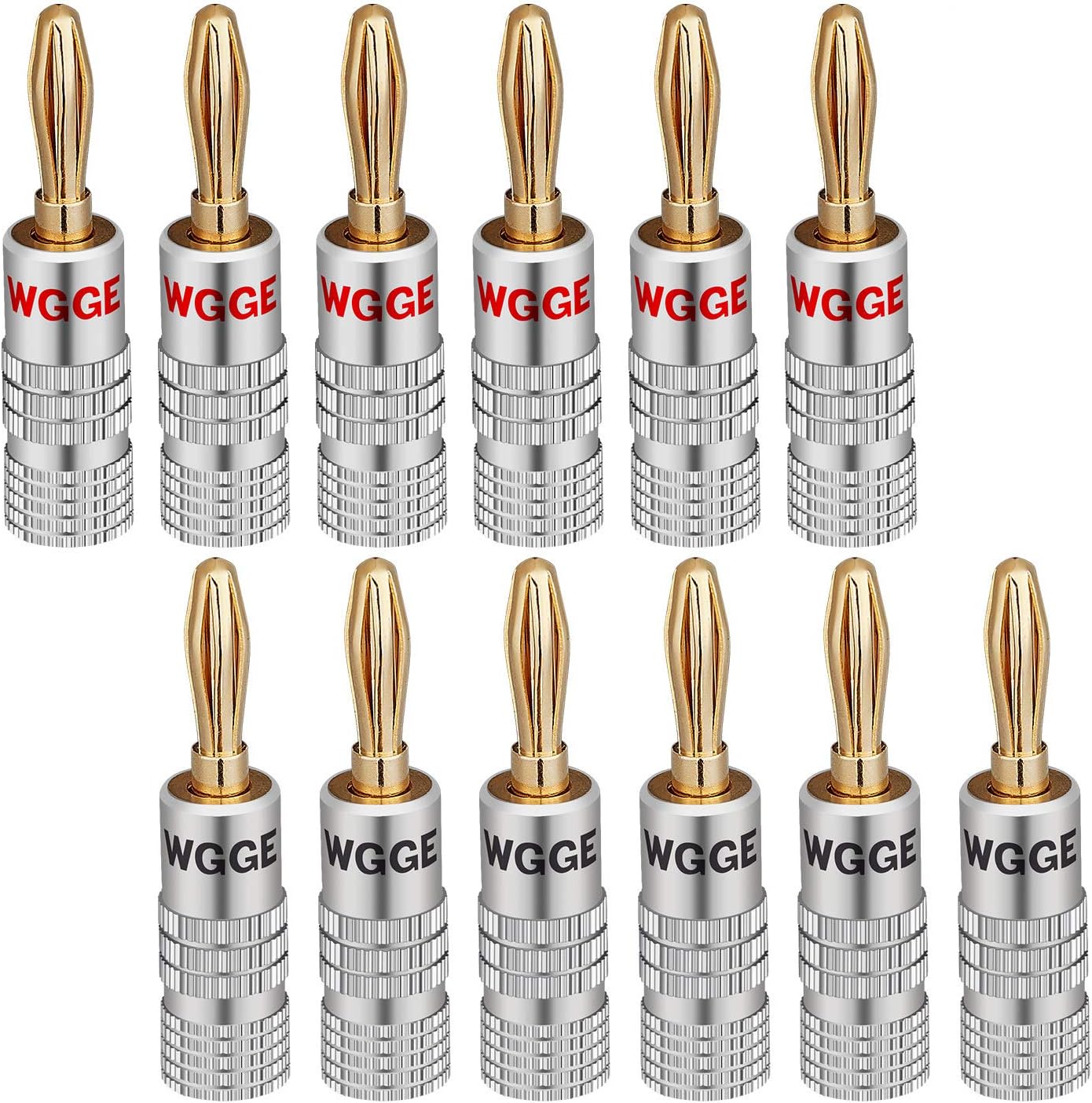 WGGE WG-009 Banana Plugs Audio Jack Connector, 24k Gold Dual Screw Lock Speaker Connector for Speaker Wire, Wall Plate, Home Theater, Audio/Video Receiver and Sound Systems (6 Pairs / 12 pcs)