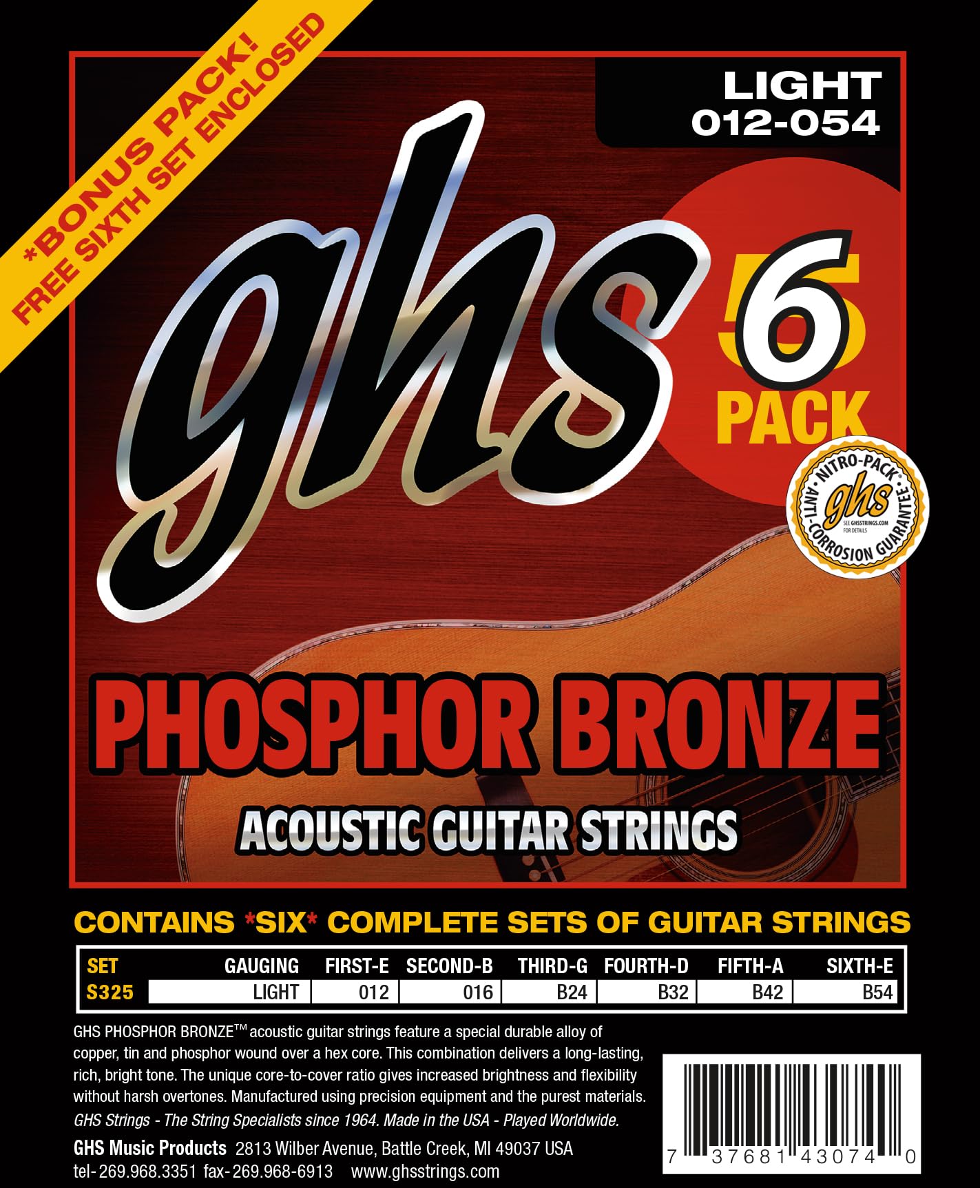GHS Stringi S325-5 fosforowy brąz struny do gitary akustycznej, Light, 6 sztuk (.012-.054)