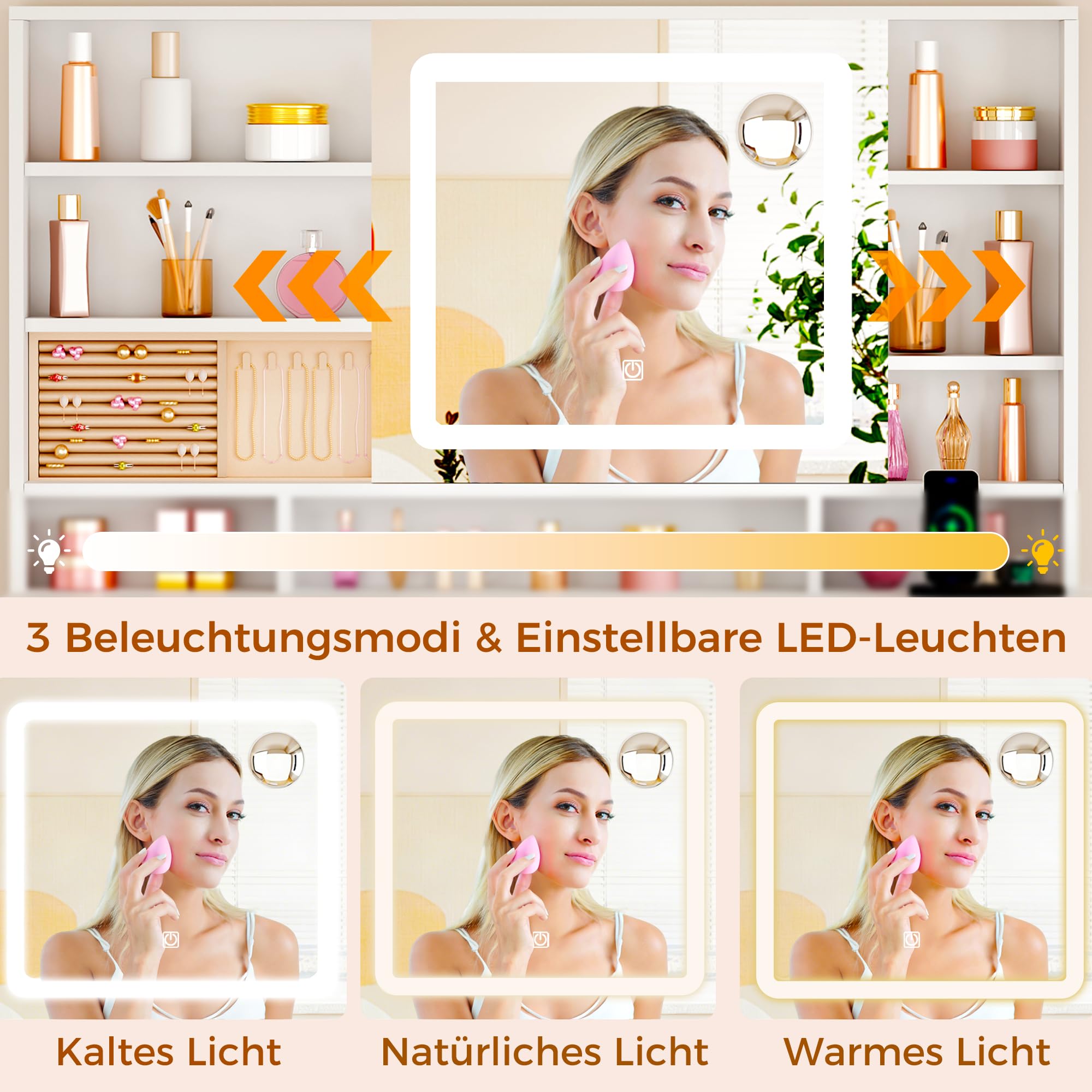 ANWBROAD Schminktisch mit LED-Beleuchtung und Spiegel, 3 Farben, Große Schminktisch mit Steckdosen 11 Schubladen 10x Vergrößerungsspiegel Schmuckaufbewahrung 3 Lichtfarben Weiß BDT99X