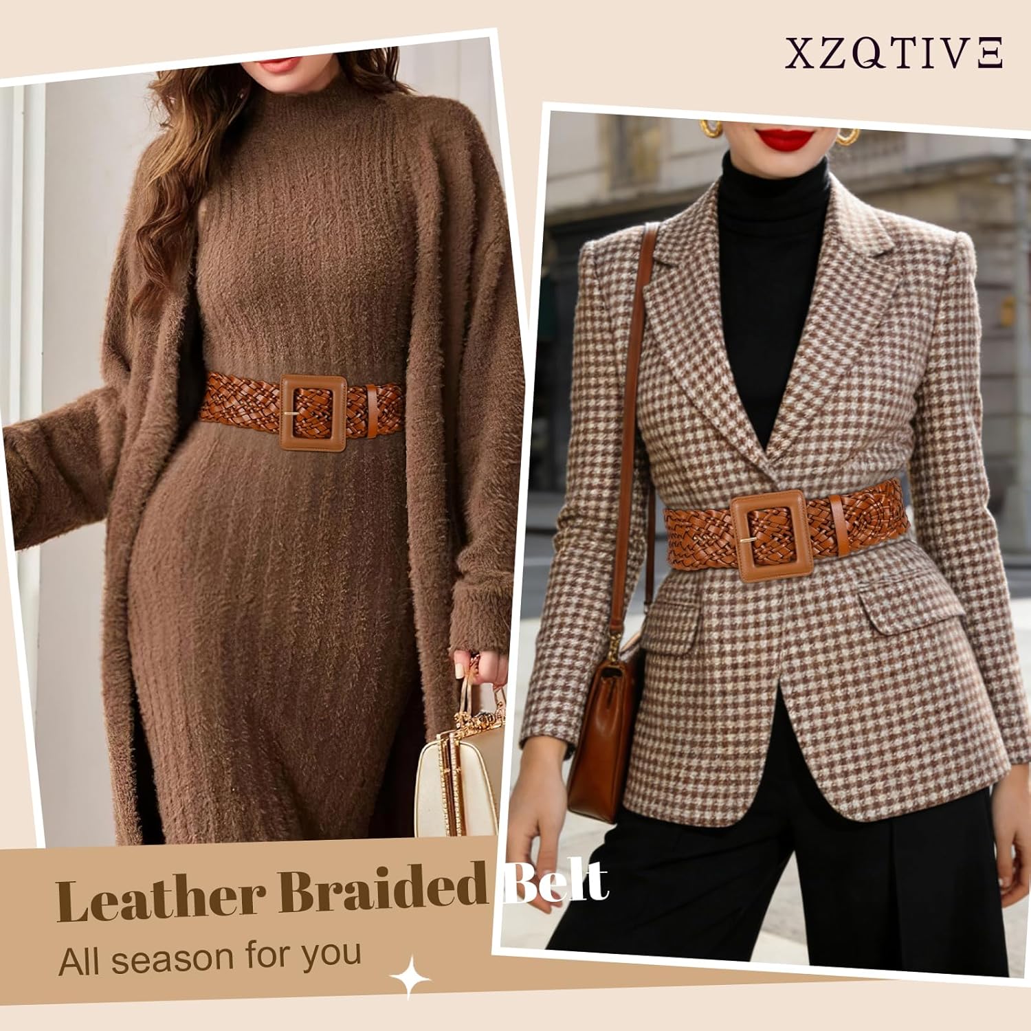 XZQTIVE Women Wide Belt for Dresses Fashion Thick Braided Leather Belts with Square Buckle, Woven Waistband for Ladies - Image 3