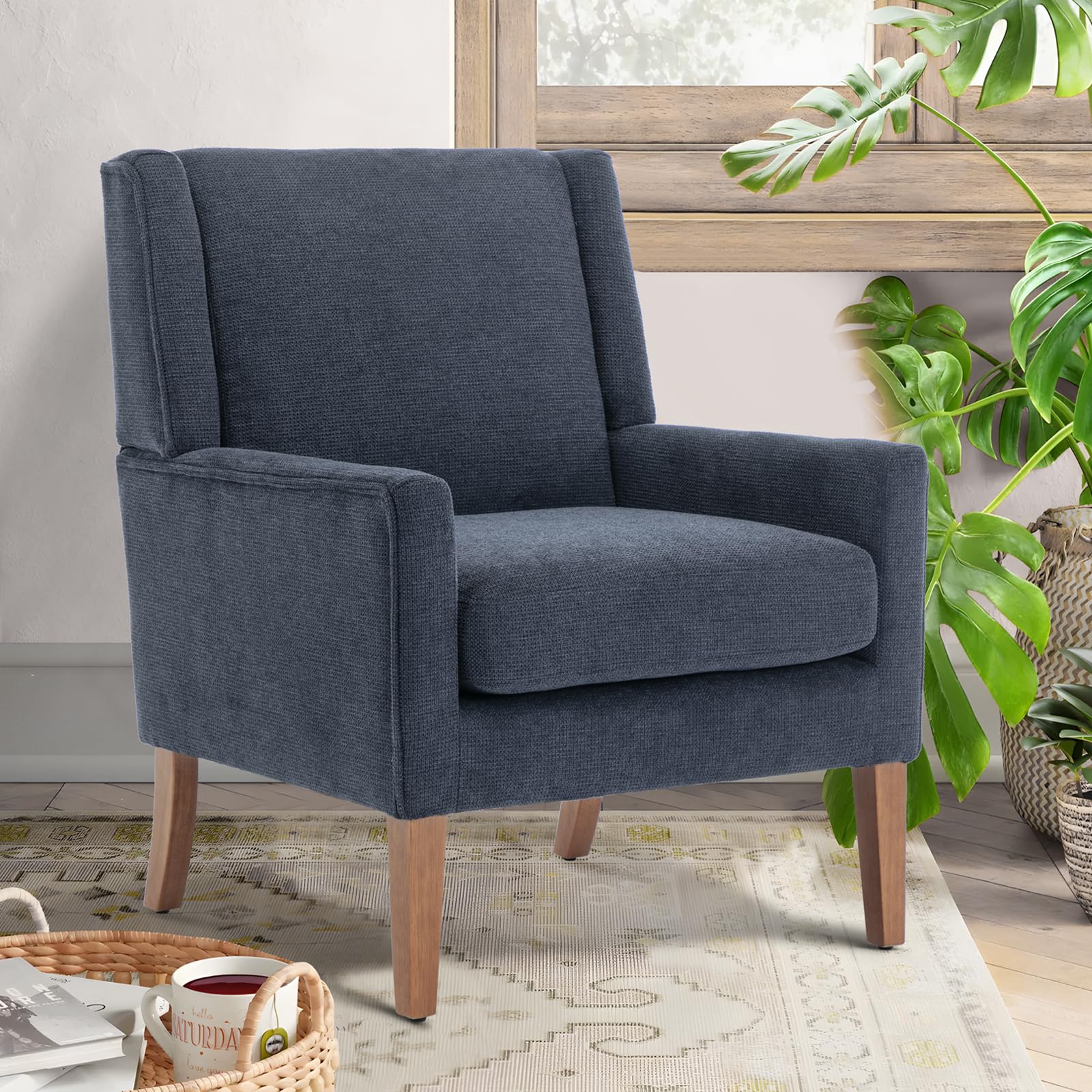 COLAMY Modern Wingback Living Room Chair, Upholstered Fabric Accent Armchair, Single Sofa Chair with Lounge Seat and Wood Legs for Bedroom/Office/Reading Spaces, Blue