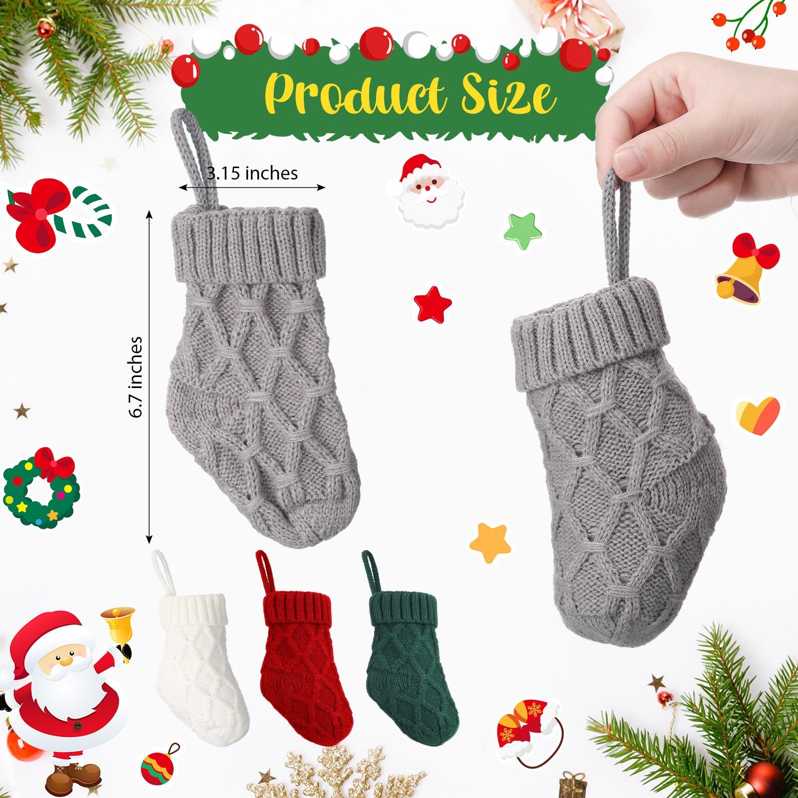 Geyoga Mini-Weihnachtsstrümpfe, gestrickt, 15,2 cm, Zopfstrickstrümpfe, Großpackung, Weihnachtsdekoration für Weihnachtsbaum, Kamin, Urlaub, Party, Gastgeschenk (rot, grün, weiß, grau), 24 Stück