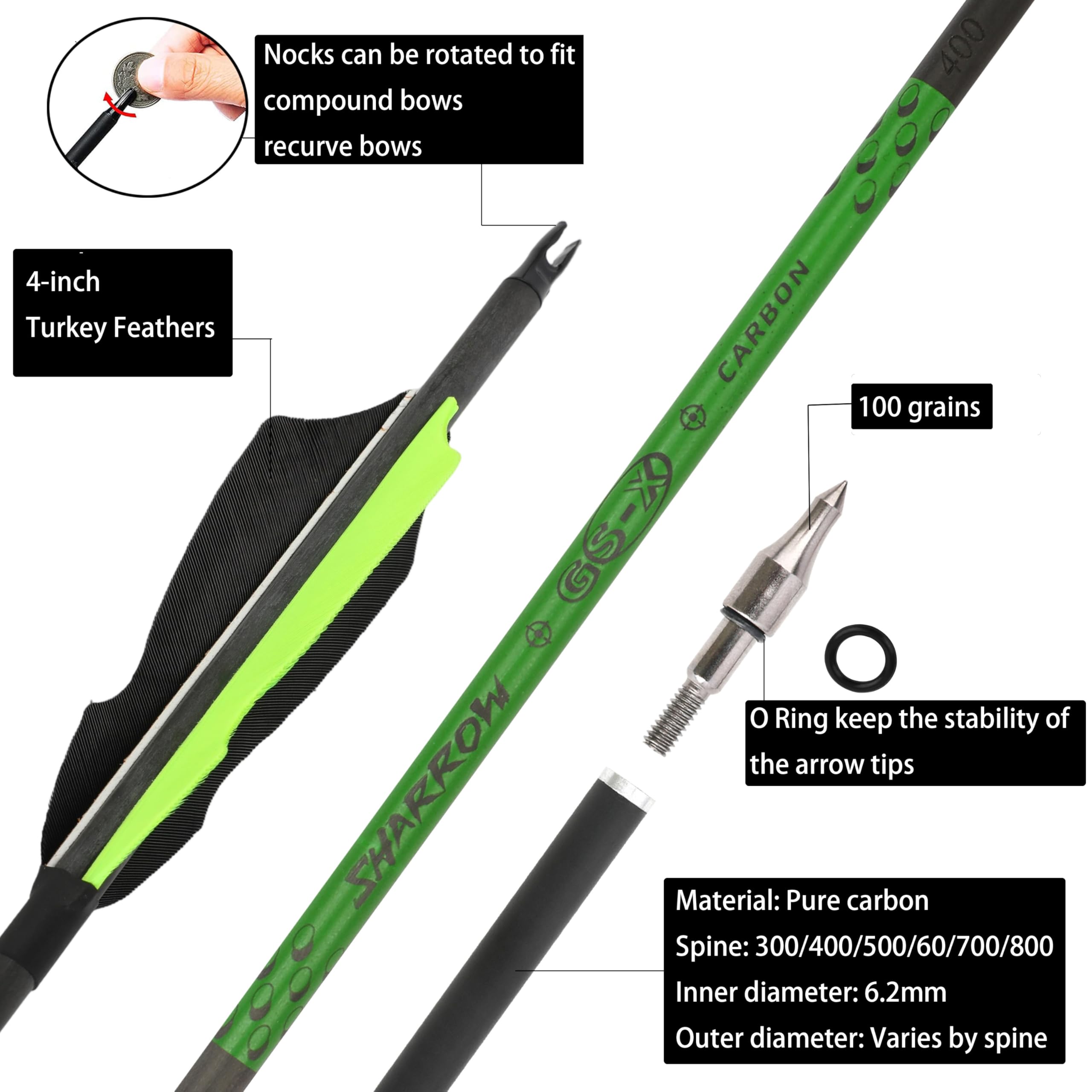 30" Freccia in Carbonio con Piume di Tacchino da 4", Spina 300/400/500/600/700/800 per Compound, Recurve e Arco Lungo, Ideale per Obiettivi e Caccia