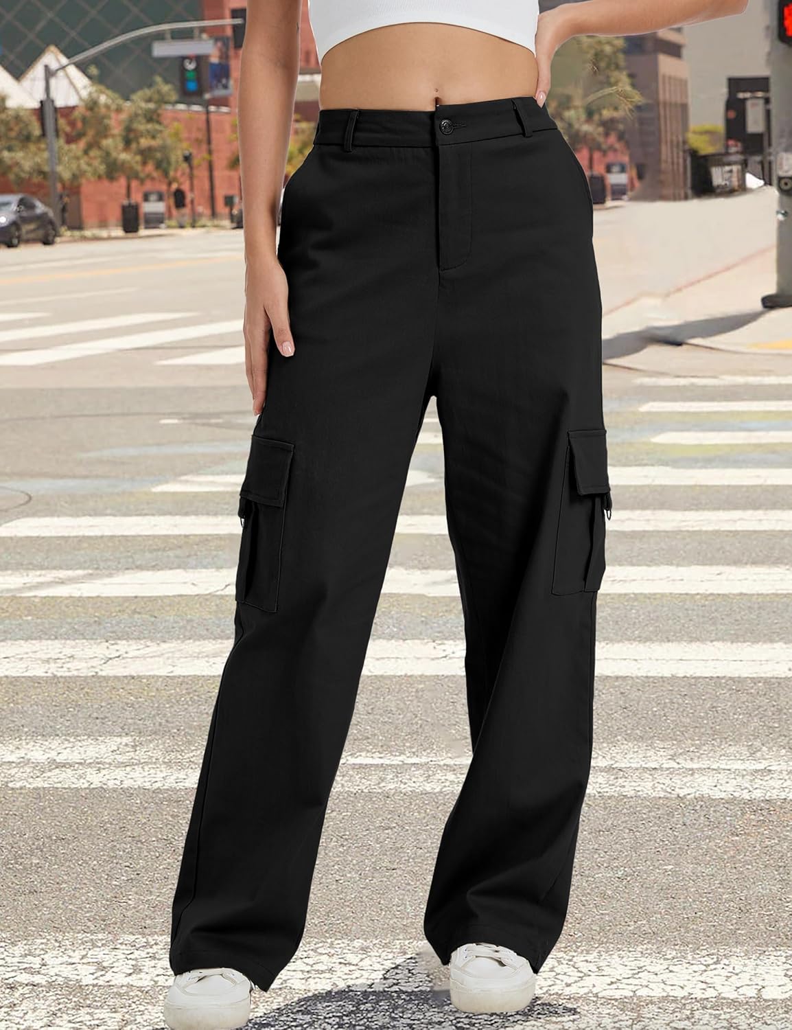 Cargo Pants for Women High Waist Wide Leg Stretchy Pull On Baggy Casual Pants with Pockets - Image 3