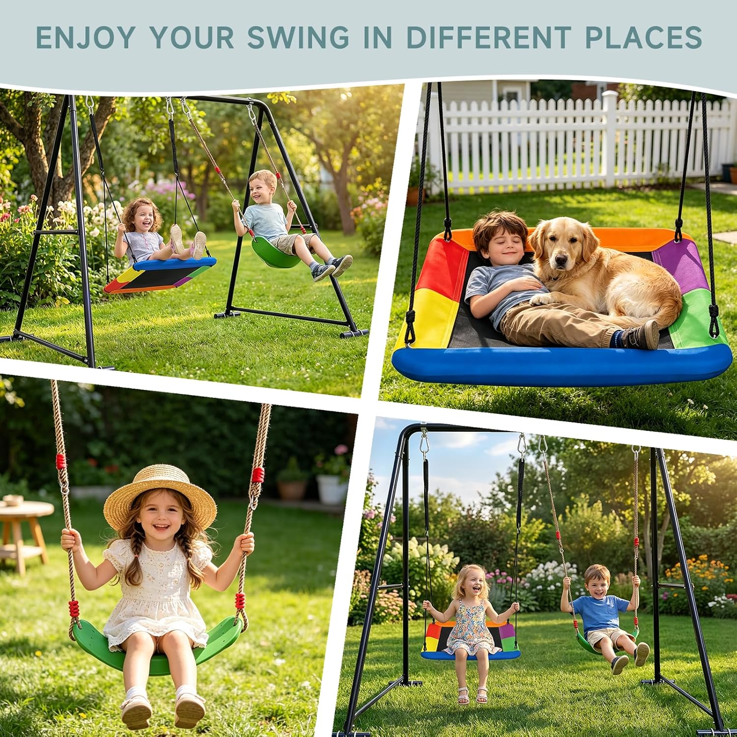 2-in-1 Swing Set for Backyard for Kids, with 1 Platform Swing, 1 Belt Swing, 440lbs Metal Swing Set for Toddler, Heavy-Duty Swing Stand w/8 Ground Stakes, Outdoor Swingset for Kids Adults (Black)
