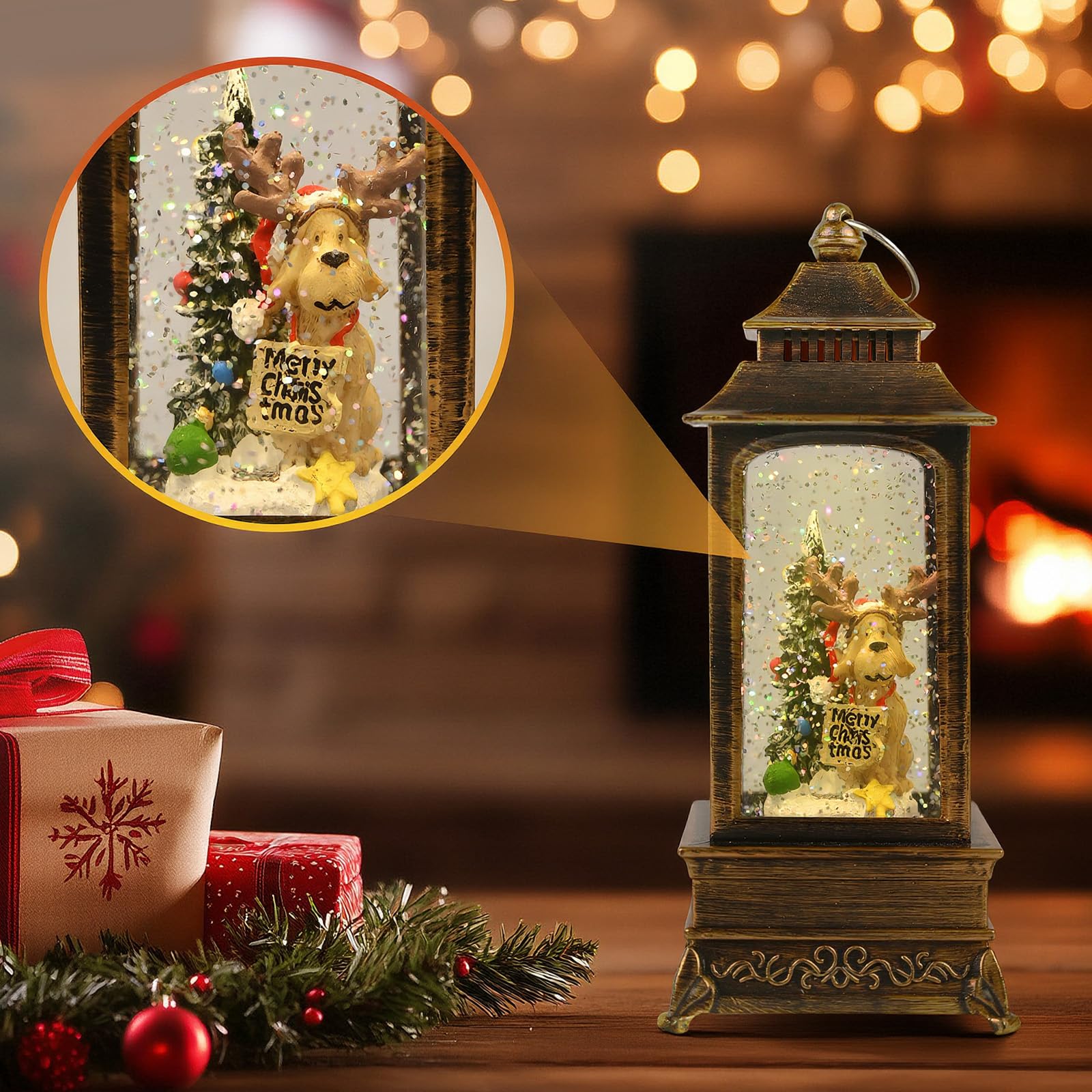 Gerbala Weihnachts Schneekugel Laterne, Schneekugel Weihnachten mit Musik, Weihnachts Schneelaterne, Leuchtend, USB/Batteriebetrieb, Laterne Weihnachten für Weihnachtsdeko und Geschenk-02