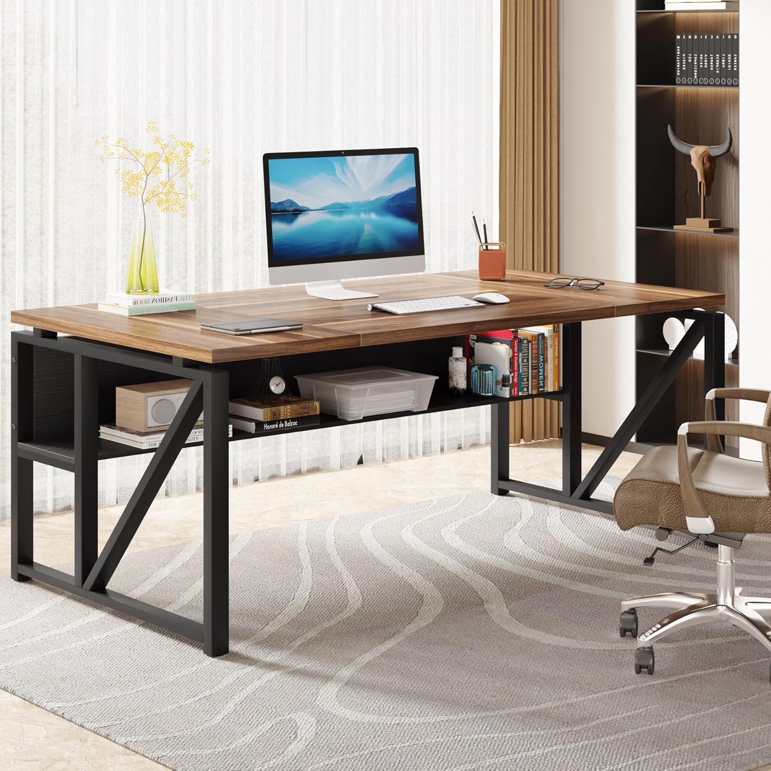 Tribesigns Office Desk in use, showing a computer monitor, keyboard, and various office items neatly arranged on the desktop and within the integrated storage shelf.