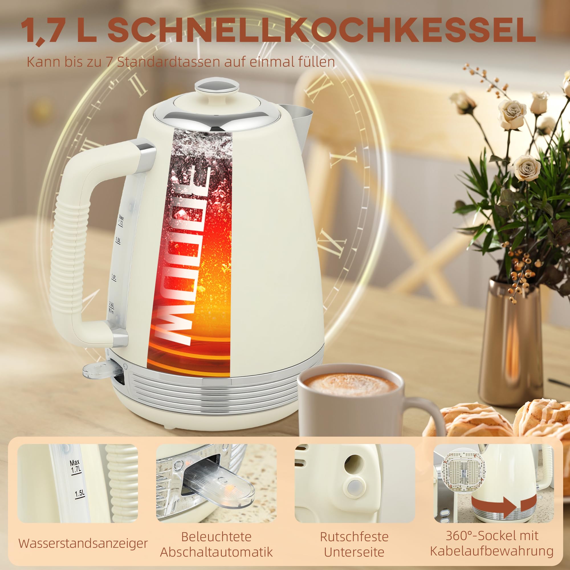 Homcom Grille-pain 4 tranches Bouilloire 1,7 L 2200 W Set petit-déjeuner