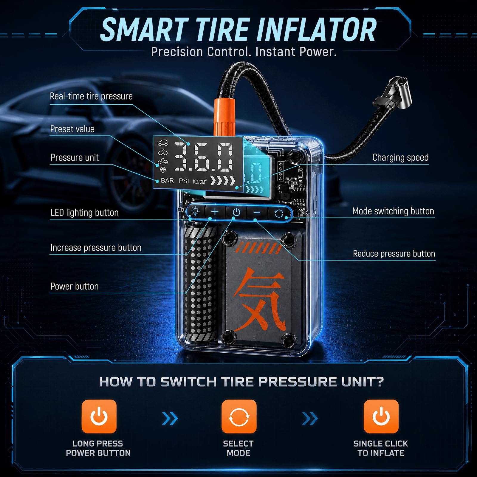 Compressore Aria Portatile 150 PSI (10,3 Bar), Mini Compressore Senza Fili, Gonfiatore Pneumatici Elettrico con Display LCD, Spegnimento Automatico, Luce LED, per Auto Moto Bici Palloni