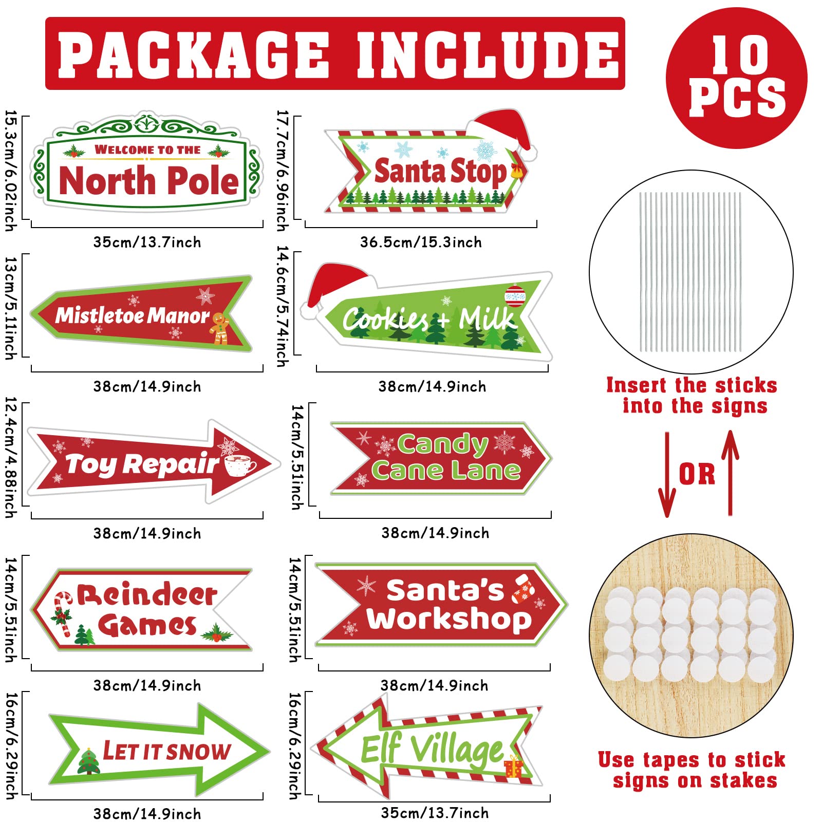 10 letreros de patio del Polo Norte, decoración al aire libre para Navidad, invierno, vacaciones, arte de Papá Noel, taller, patio, césped, letrero y «Let It Snow», con estacas para decoración del