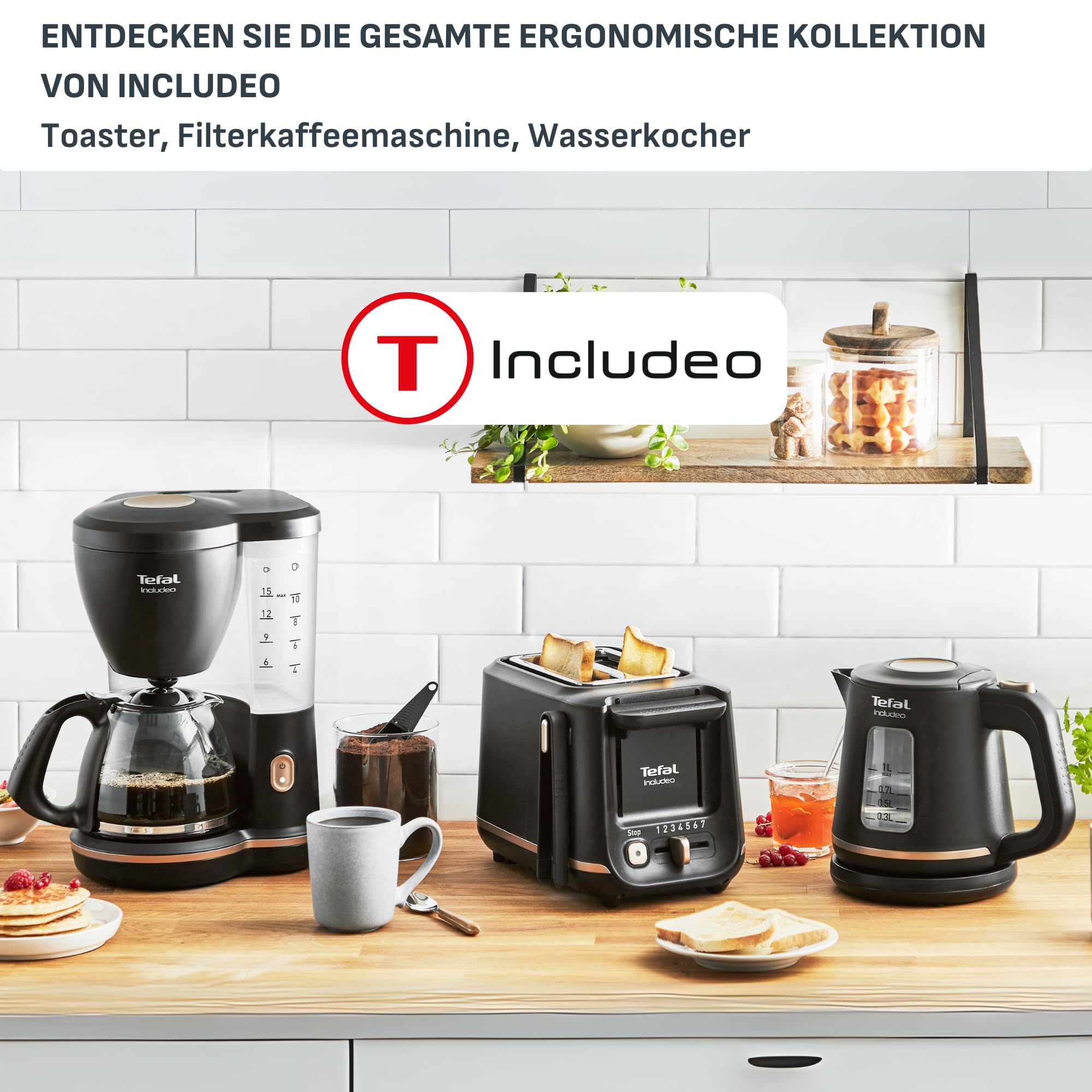 Tefal Includeo Filterkaffeemaschine, extrem einfach zu bedienende Kaffeemaschine, geeignet für Rechts- und Linkshänder, automatische Deckelöffnung, 1,25 l, 10 bis 15 Tassen, CM533811