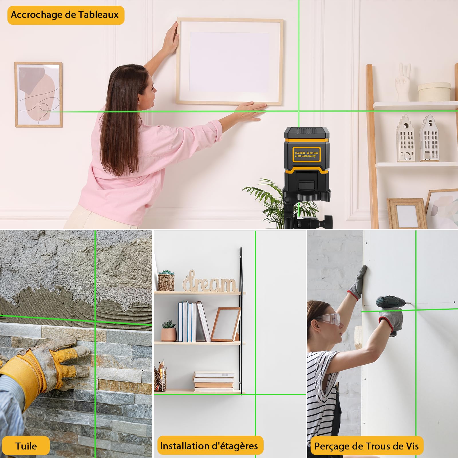 Niveau Laser,ASOBRIS Laser Chantier Autonivelant avec Trepied,Lazer Niveaux à Ligne Croisée Verte Pour Accrocher des Tableaux,Décoration,Carrelage Intérieur et Extérieur,2 x Batterie (4)