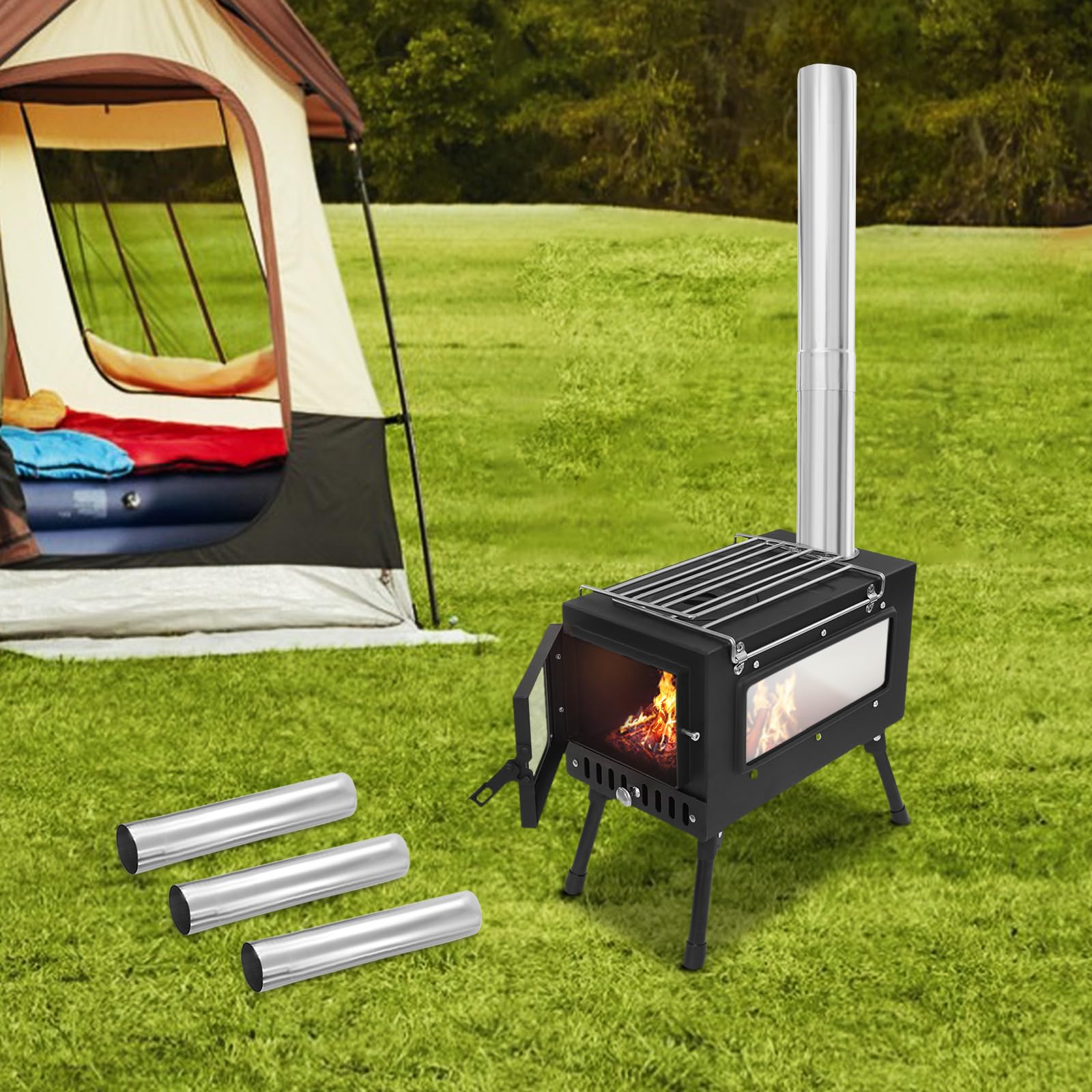Forno a tenda da campeggio, pieghevole, a legna, portatile, con 5 tubi per canna fumaria e contenitore per raccolta cenere, per campeggio in tenda, riscaldamento all'aperto, pesca sul ghiaccio, caccia
