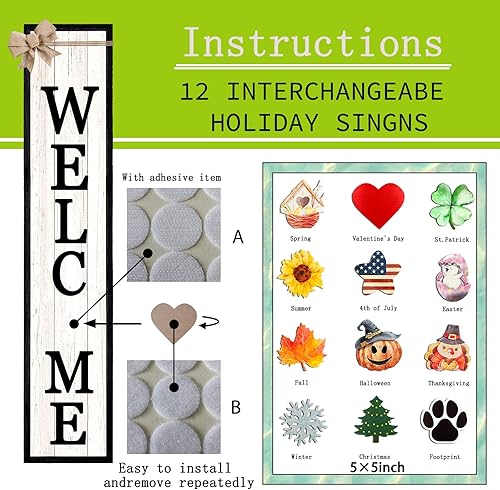 Miniatura 4 de Letrero de bienvenida intercambiable al aire libre para porche delantero, marco de madera grande de 45 x 9 pulgadas, con 12 iconos diseñados
