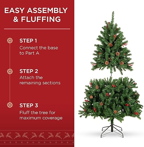Miniatura 4 de Best Choice Products Árbol de Navidad artificial de abeto preiluminado de 4.5 pies con bisagras con 398 puntas, 22 piñas, 22 bayas, 150 luces, base