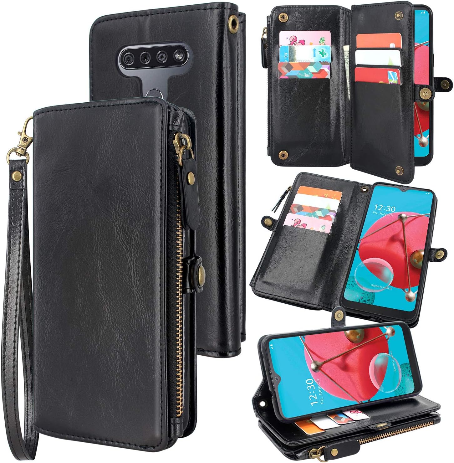 Lacass [Cards Theft Scan Protection 10 Card Slots Holder Zipper Pocket Wallet Case Flip Leather Cover with Wrist Strap Magnetic Closure Stand Carrying Pouch for LG Reflect/LG K51 (Black)