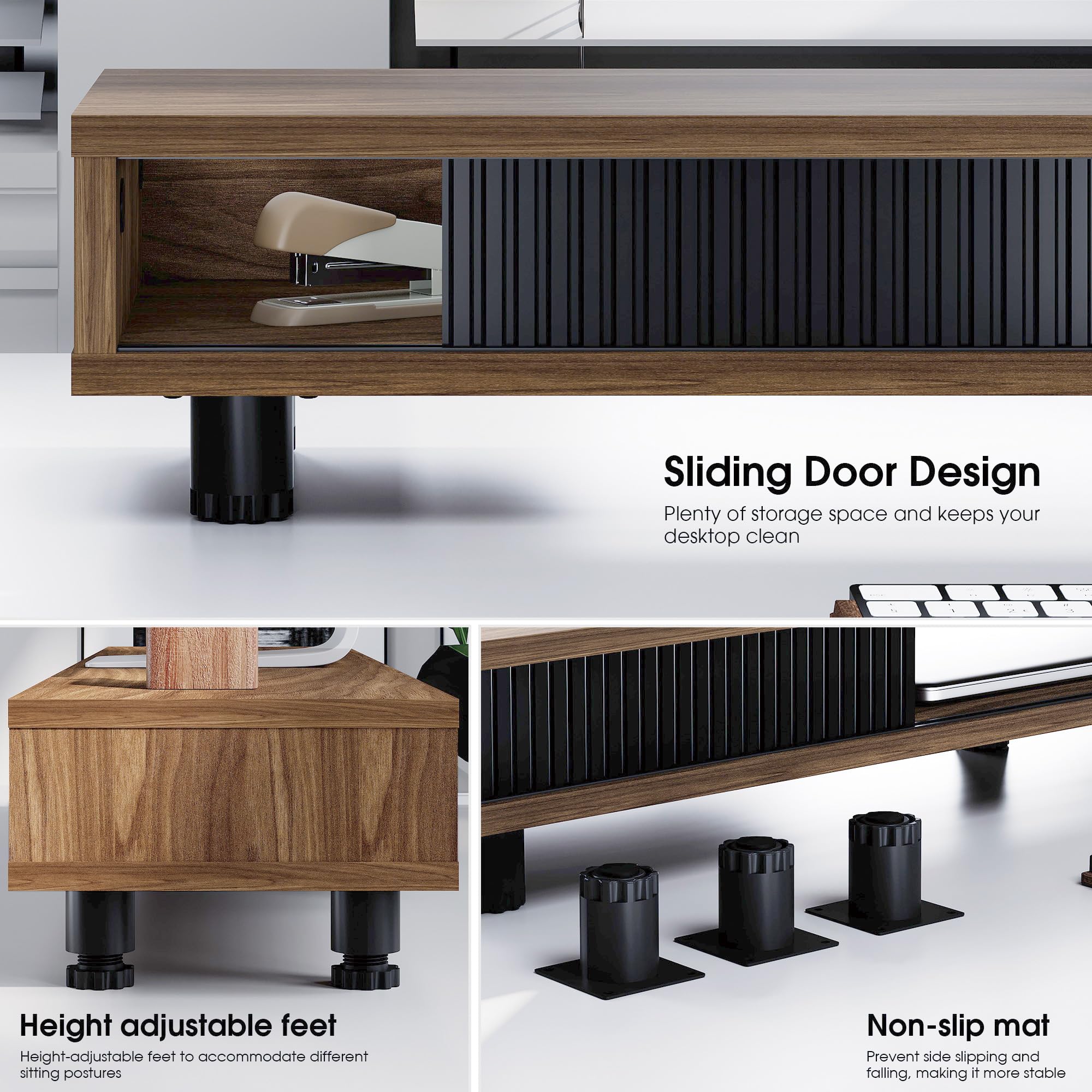 Fenge Dual Monitor Stand, 42.5inch Long Monitor Stands Riser for 2 Monitors, Sliding Door with Storage Organizer Stand for Desk, 2 Tier Desk Shelf for Laptop, Pc, Printer, Computer, TV