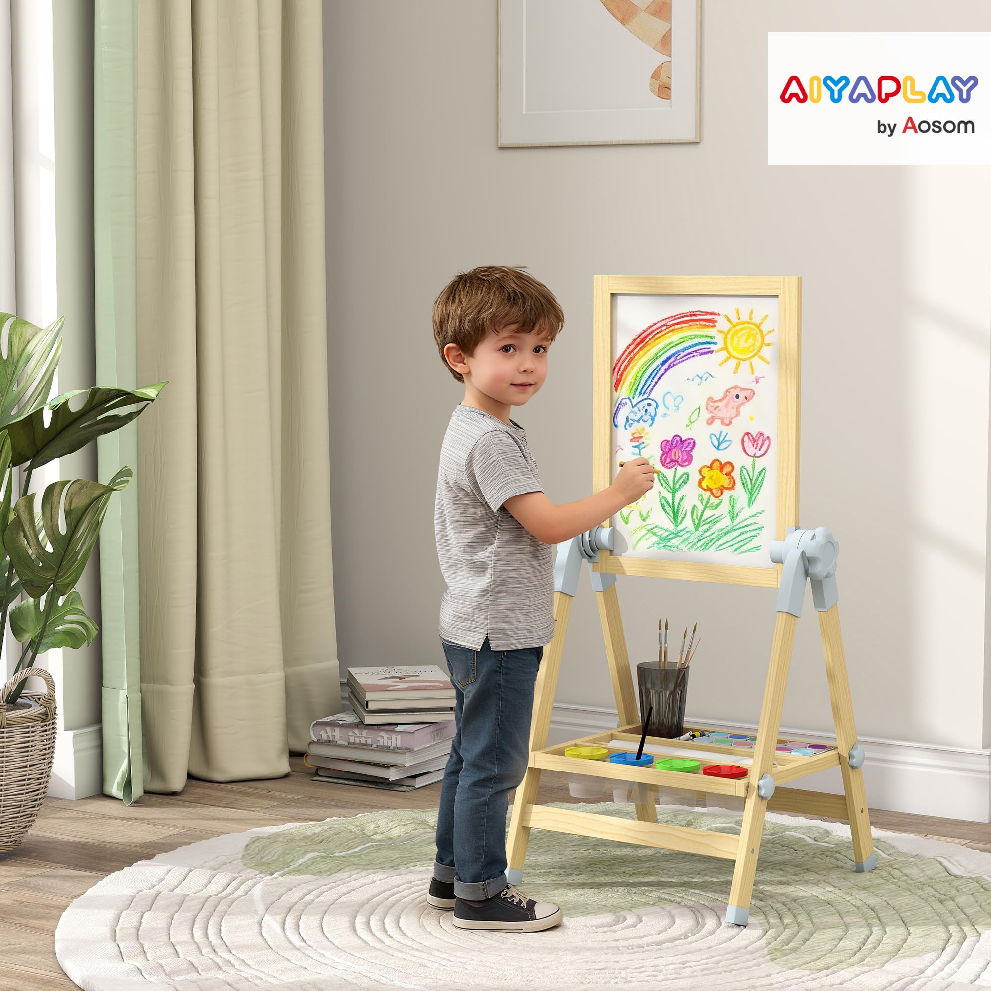 AIYAPLAY Cavalletto da Disegno per Bambini con Lavagna Doppia per Gesso e Pennarelli, Lavagnetta Magnetica, Vassoio Portamatite, Rotolo Carta Incluso, Legno Naturale