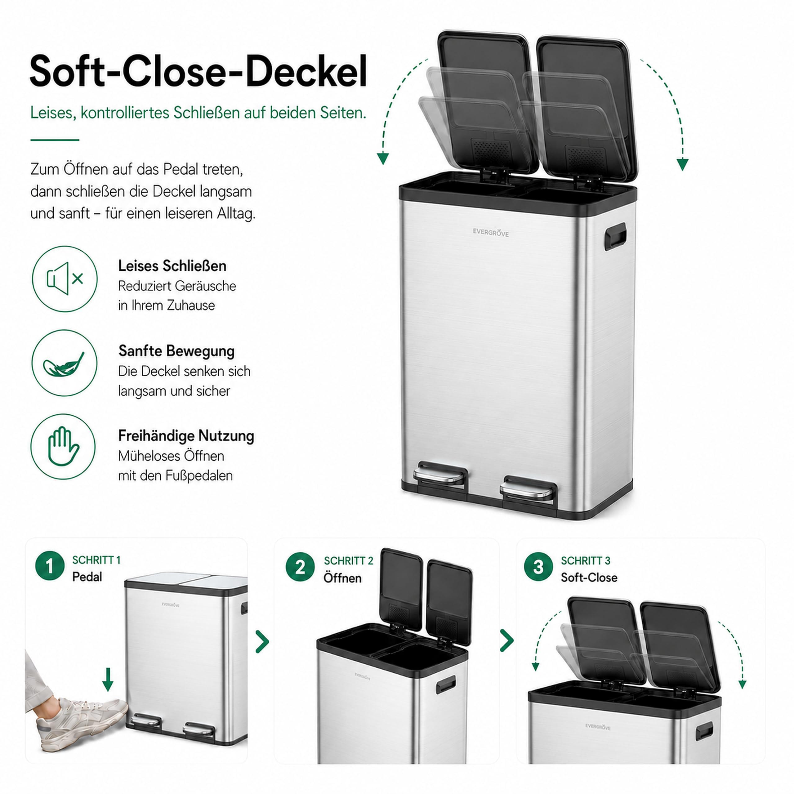 EverGrove 60L Mülltrennsystem, 2x30L, Edelstahl-Deckel (Brushed Silver) | 2 x 30-L-Fächer,Soft-Close-Deckel,Edelstahl-Deckel,Geruchsfilter,Herausnehmbare Inneneimer mit Beutelfixierung