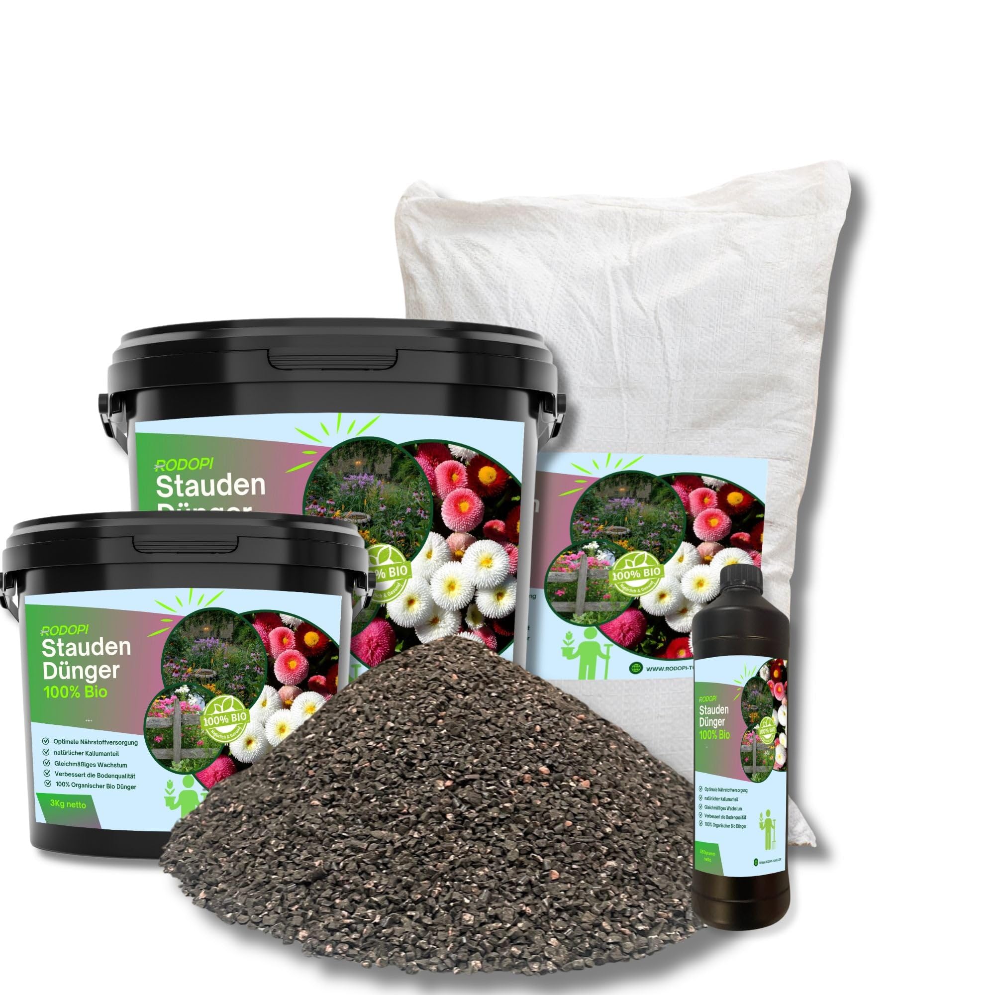 Rodopi Bio-Staudendünger Granulat 7-3-8 – 3 Monate Langzeitwirkung – 100% pflanzlich & tierfrei – Organischer NPK-Dünger mit Eisen & Mykorrhiza – Ideal für Blütenstauden, Gräser & Bodendecker 7kg