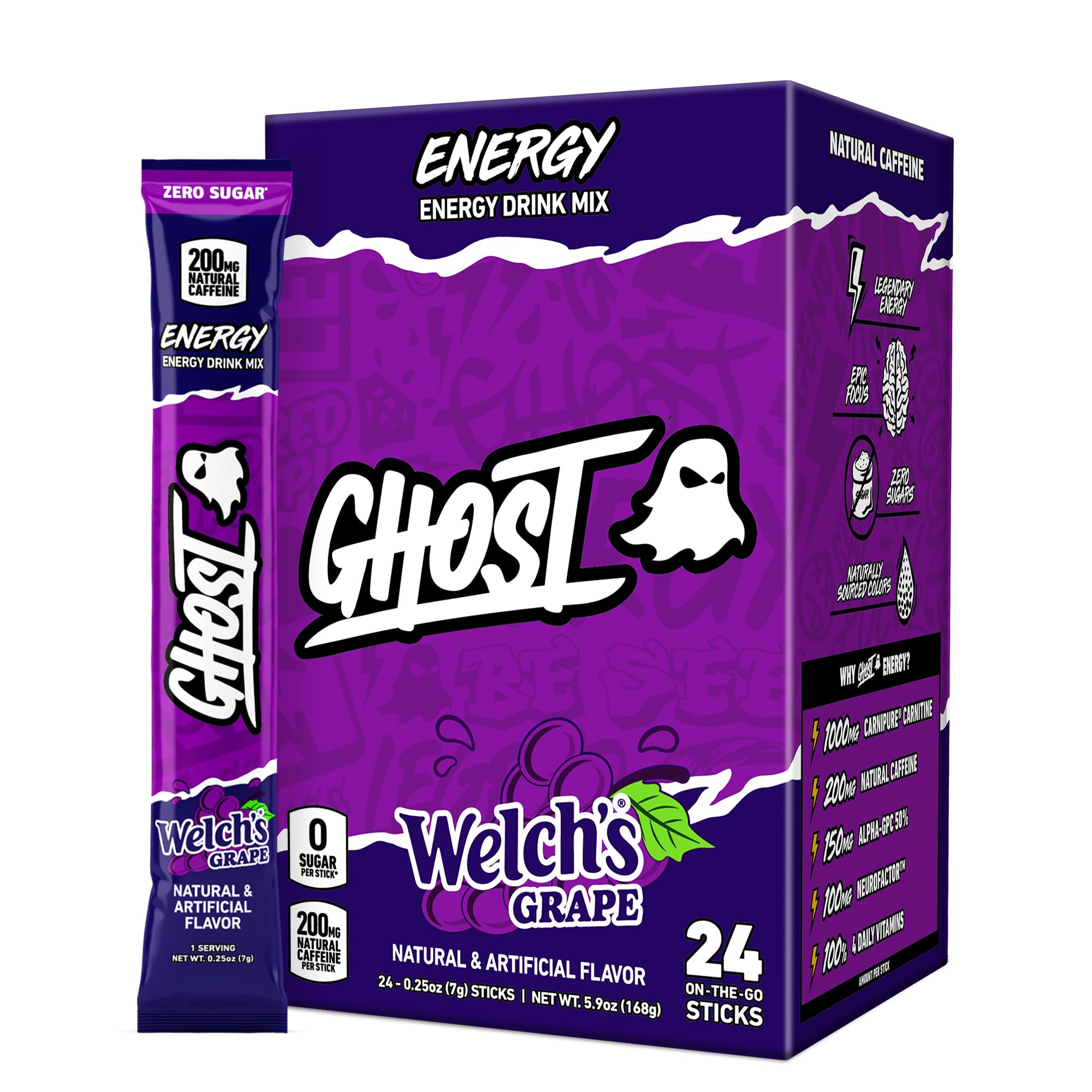 GHOST Sugar-Free Energy Drink Packets, Welch's Grape, 24 Sticks