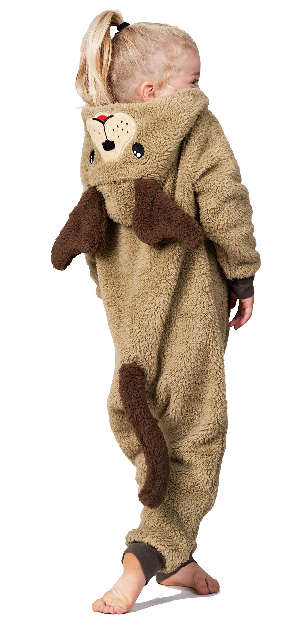 Hunde-Einteiler für Jungen oder Mädchen aus weichem Fleece mit Schwanz in Kindergrößen 2-13 Jahre in Schwarz, Weiß oder Beige