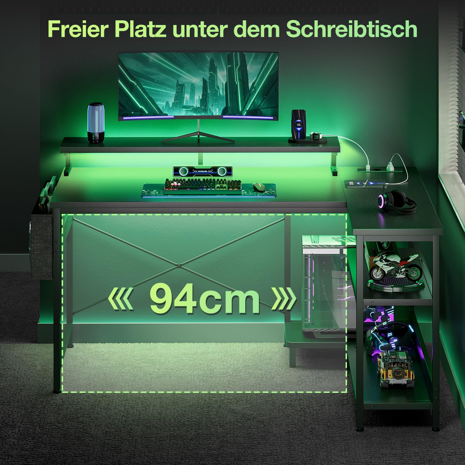 Coleshome Gaming-Tisch mit Stauraum, 120×80 cm Eckschreibtisch mit Regal & Stofftasche, reversibler L-förmiger Schreibtisch mit Steckdosen & LED für Büro & Arbeitszimmer, Schwarz