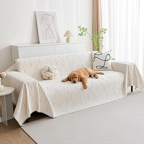 MYSKY HOME Couch Cover for Dogs, Sectional Couch Cover, Beige Lines Sofa Covers for Sectional Sofa L Shape Chenille Couch Protector for Dogs Pets Couch Covers Washable Soft Throw, 71" X118"