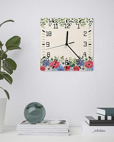Miniatura 3 de 4th of July Wooden Wall Clock Silent Non Ticking, Red Blue Poppy Flower Leaves Independence Day Retro Square Wall Clock Battery Operated, Decor