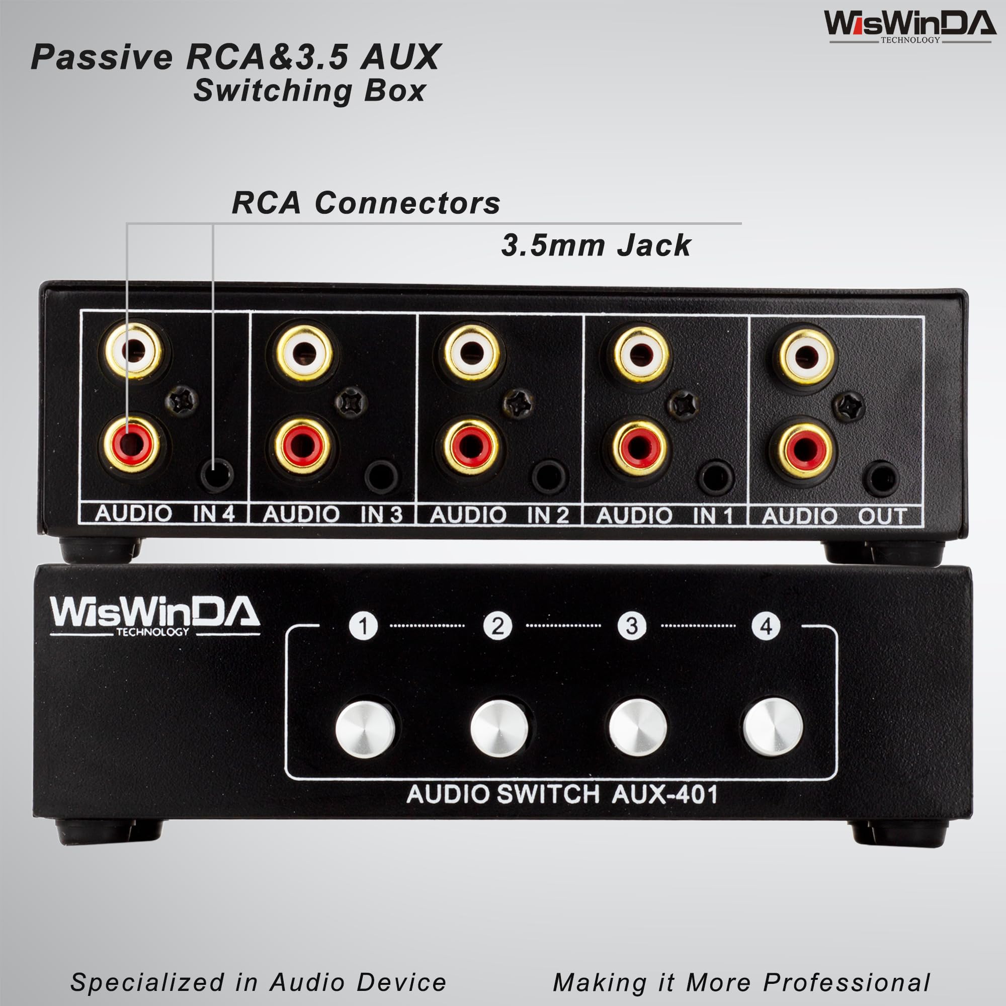 4" 1-Out RCA 3.5mm AuxAudio Switch Box Audio Convertitore Audio 4 Canali 1" 4-Out Passivo Audio Selettore Switcher Box Connettori (RCA + AUX 4IN-1OUT/1IN-4OUT)