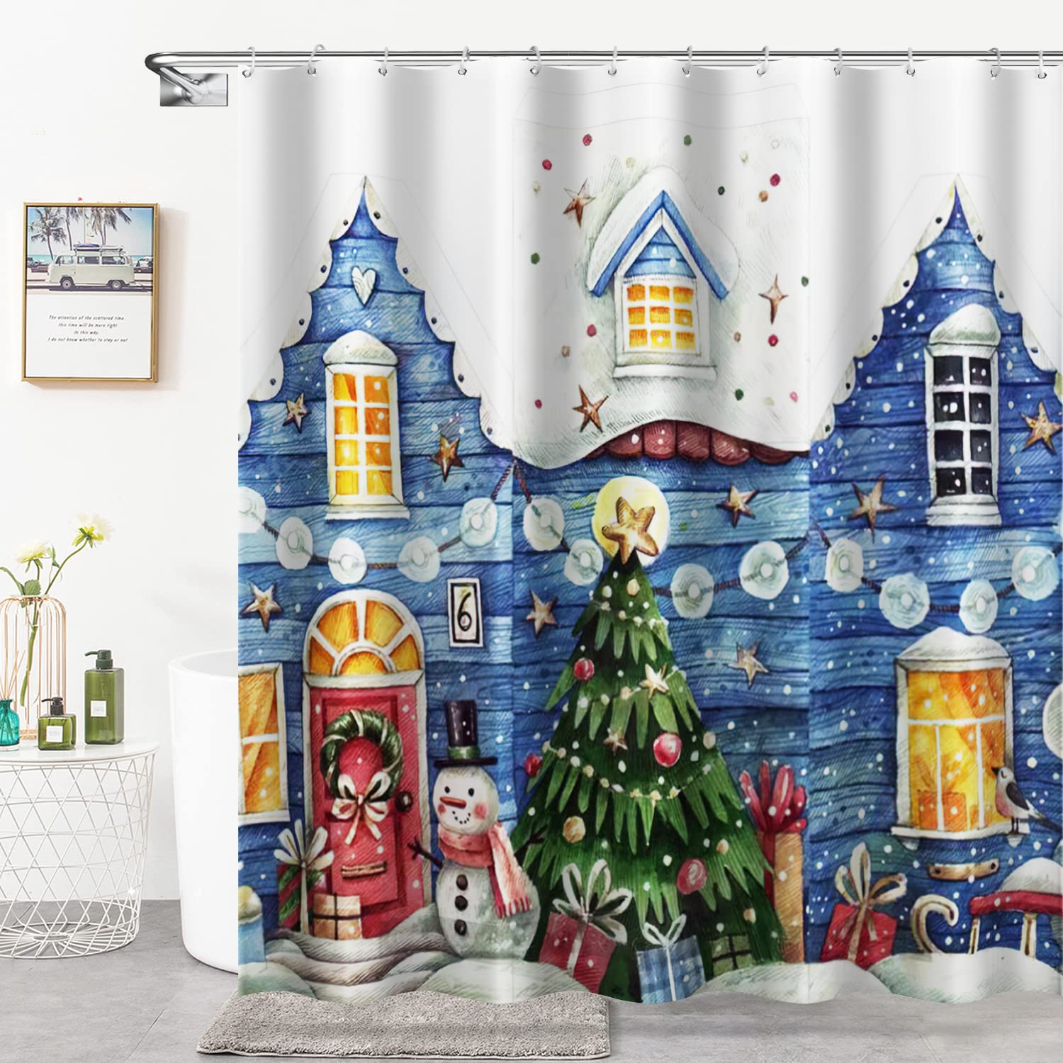 Christmas Shower Curtain Set, Fabric Shower Curtains with Hooks, Indoor Christmas Decorations for Bathroom, Waterproof Xmas Decor Bath Curtains with Christmas Tree and Snowman Pattern (Blue House)