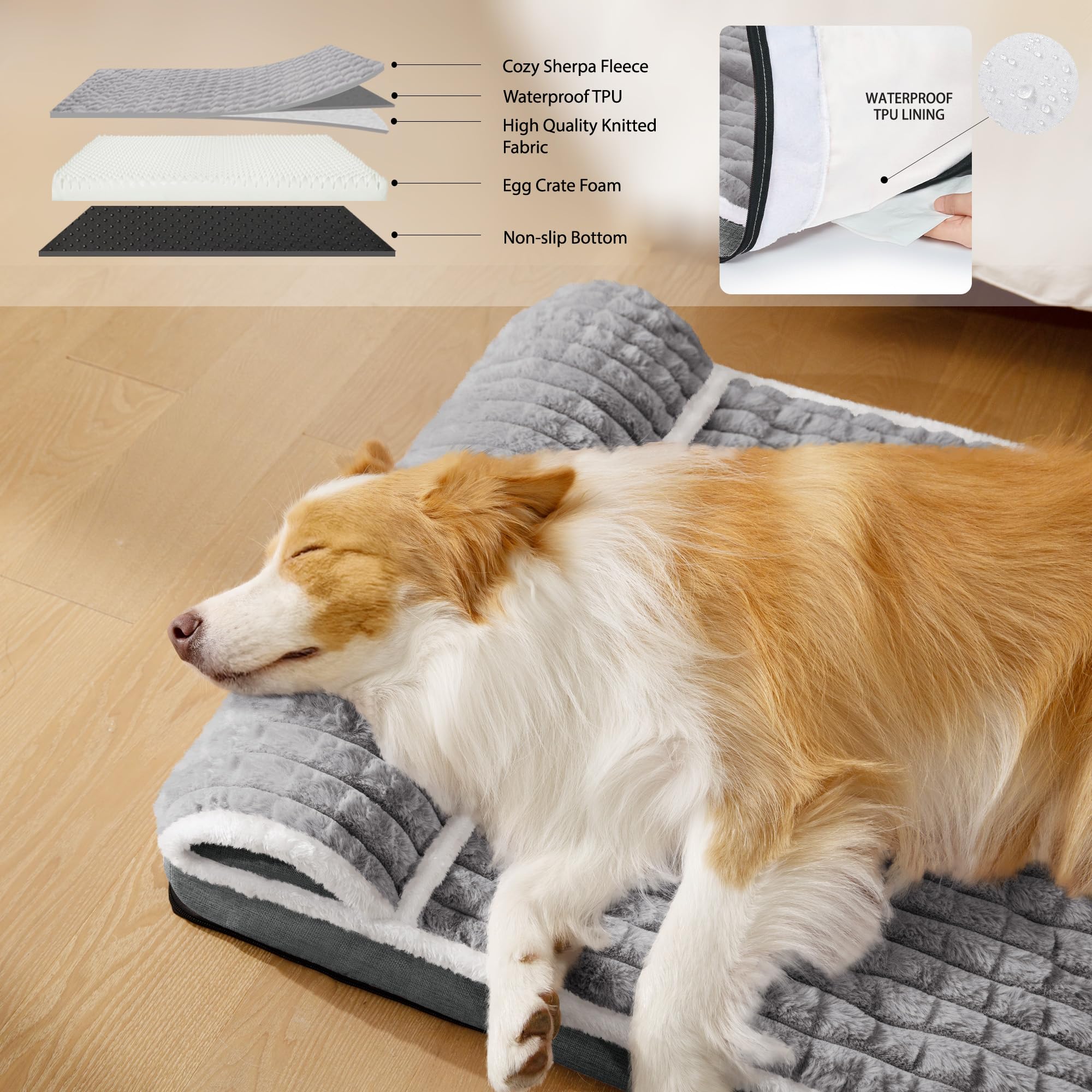 Panier Chien Moyen Orthopédique, Lit Matelas pour Chien avec Oreiller Latéral Moelleux, Coussin Déhoussable Lavable en Machine, Imperméable, Base Antidérapante, 91x61cm, Gris
