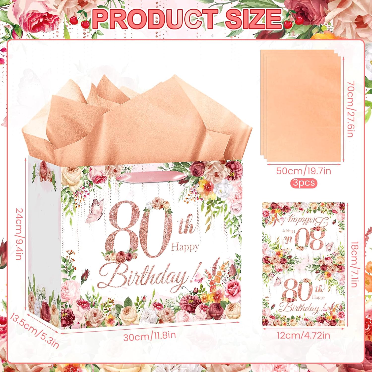 Peconal 80th Birthday Gift Bag for Women Rose Gold Flower 80th Birthday Gift Wrapping Paper Bag Eighty Greeting Card for Cheers to 80 Years Old Party Favors Supplies - Image 6